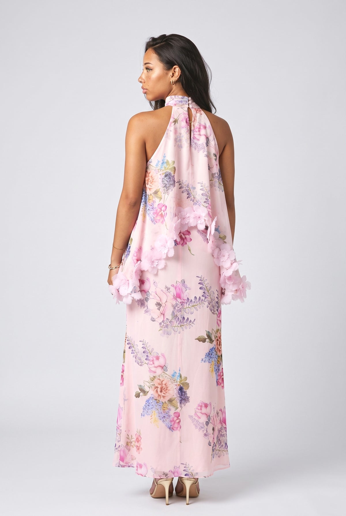 Pink Floral Halter Neck Maxi Dress, back view