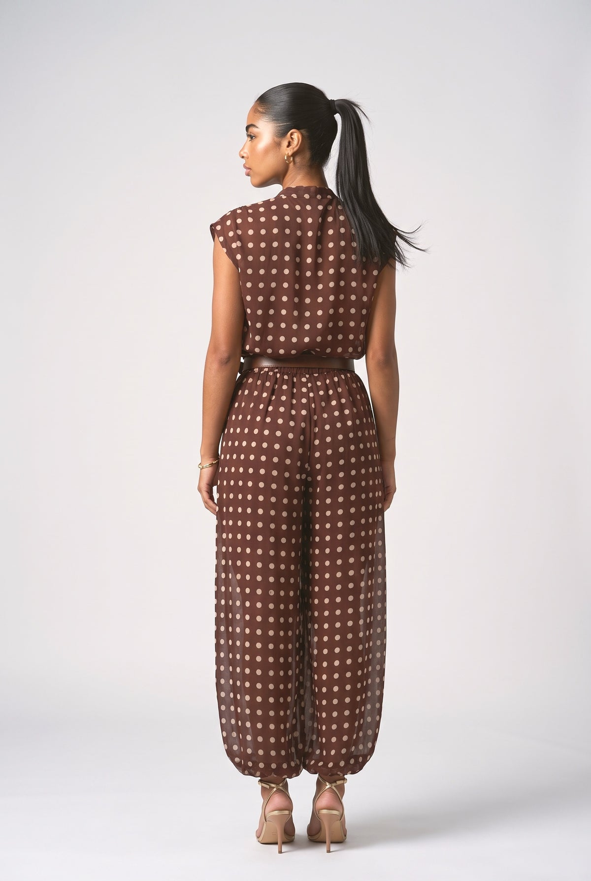 Brown Polka Dot Chiffon Outfit Set, back view