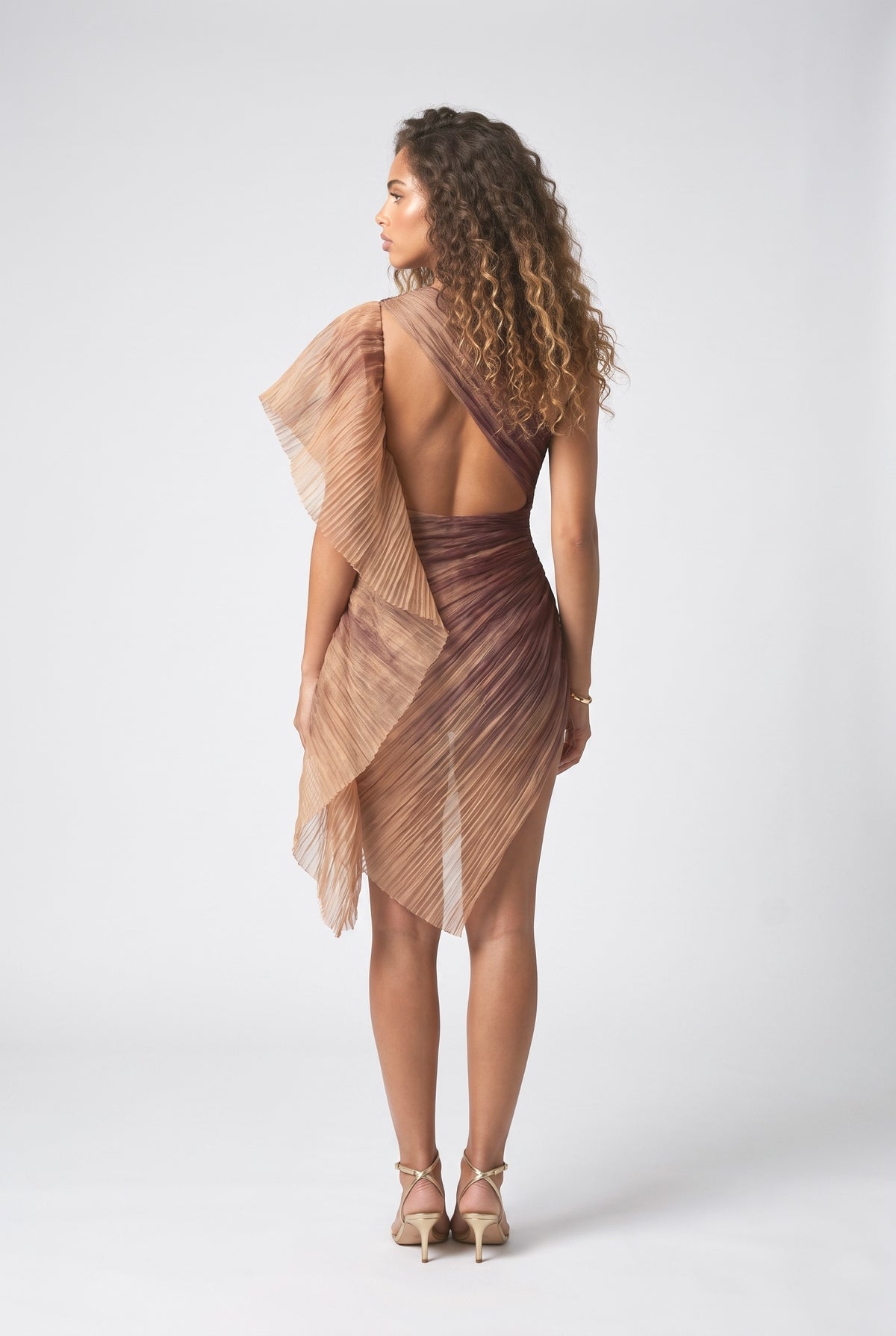 Brown One-Shoulder Pleated Mini Dress, back view