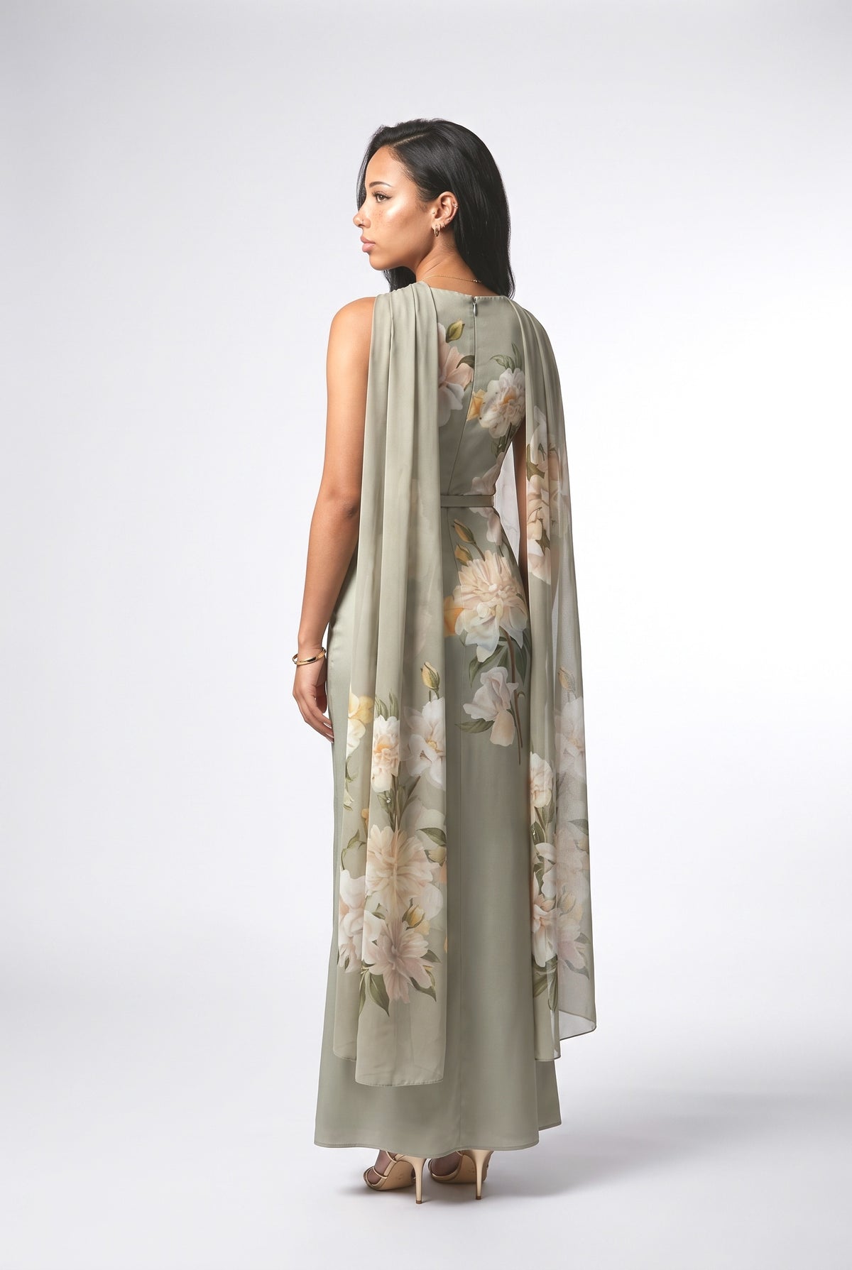 Green Sleeveless Pleated Maxi Dress, back view