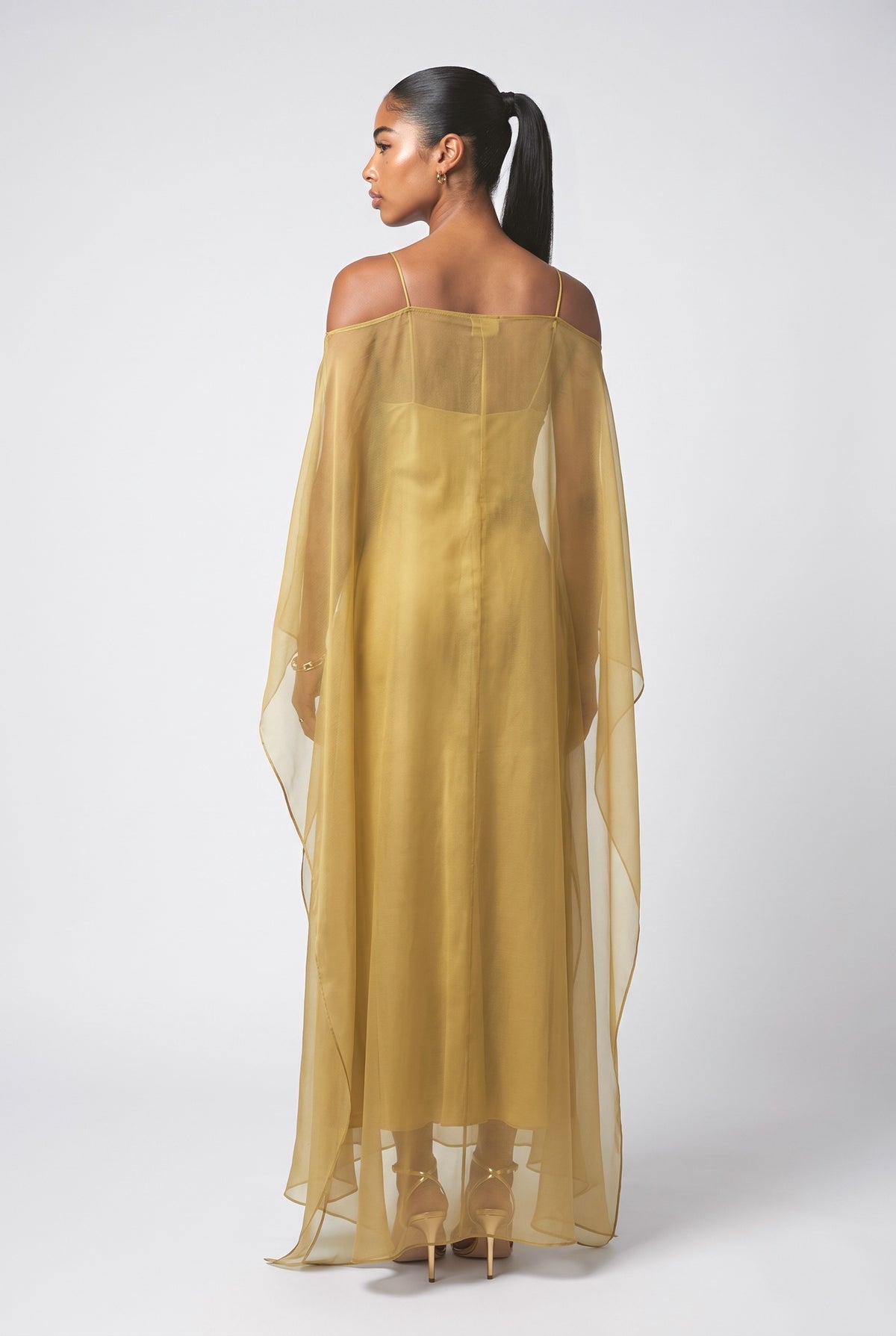 Green Chiffon Cape Maxi Dress, back view