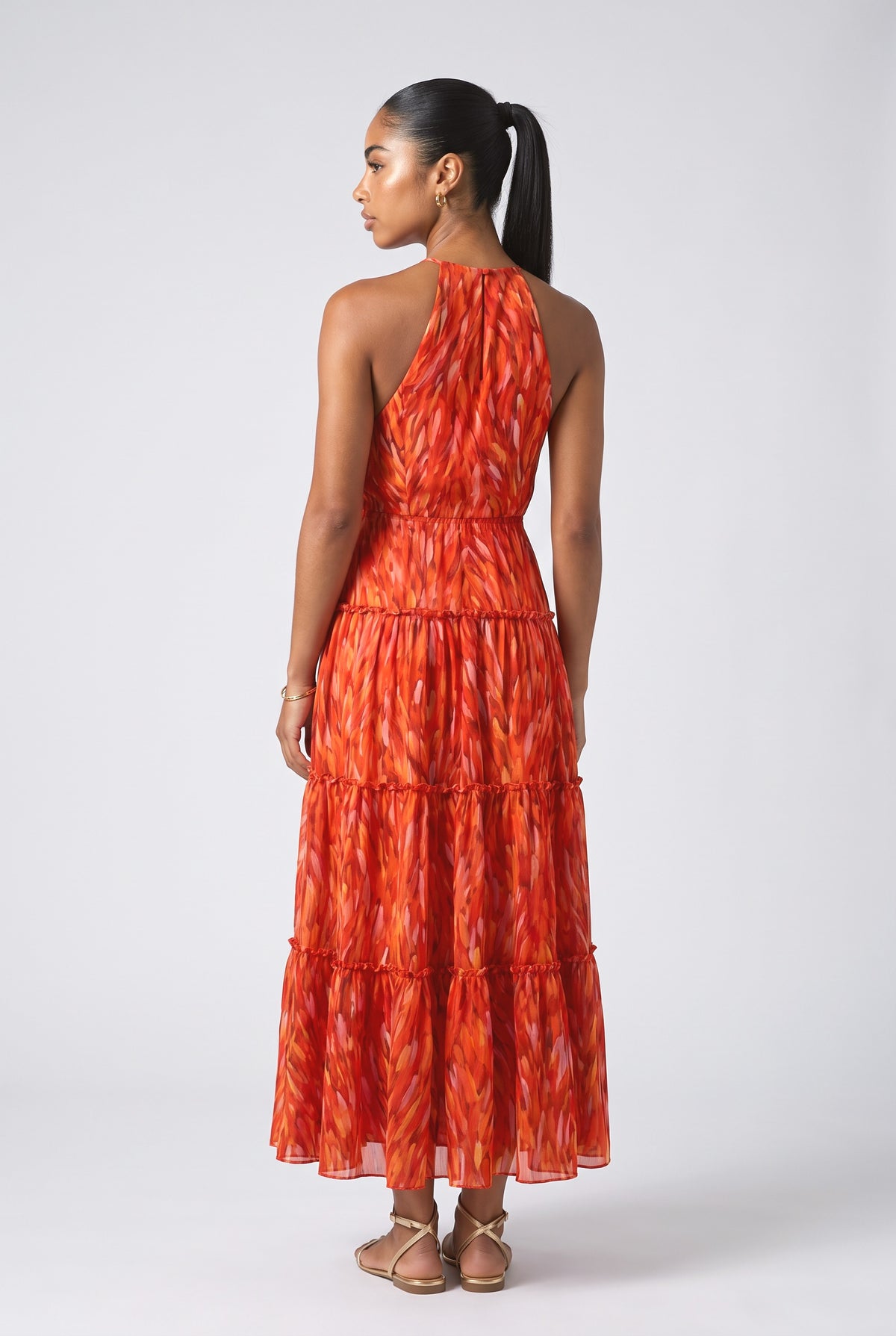 Abstract Halter Neck Tiered Maxi Dress, back view