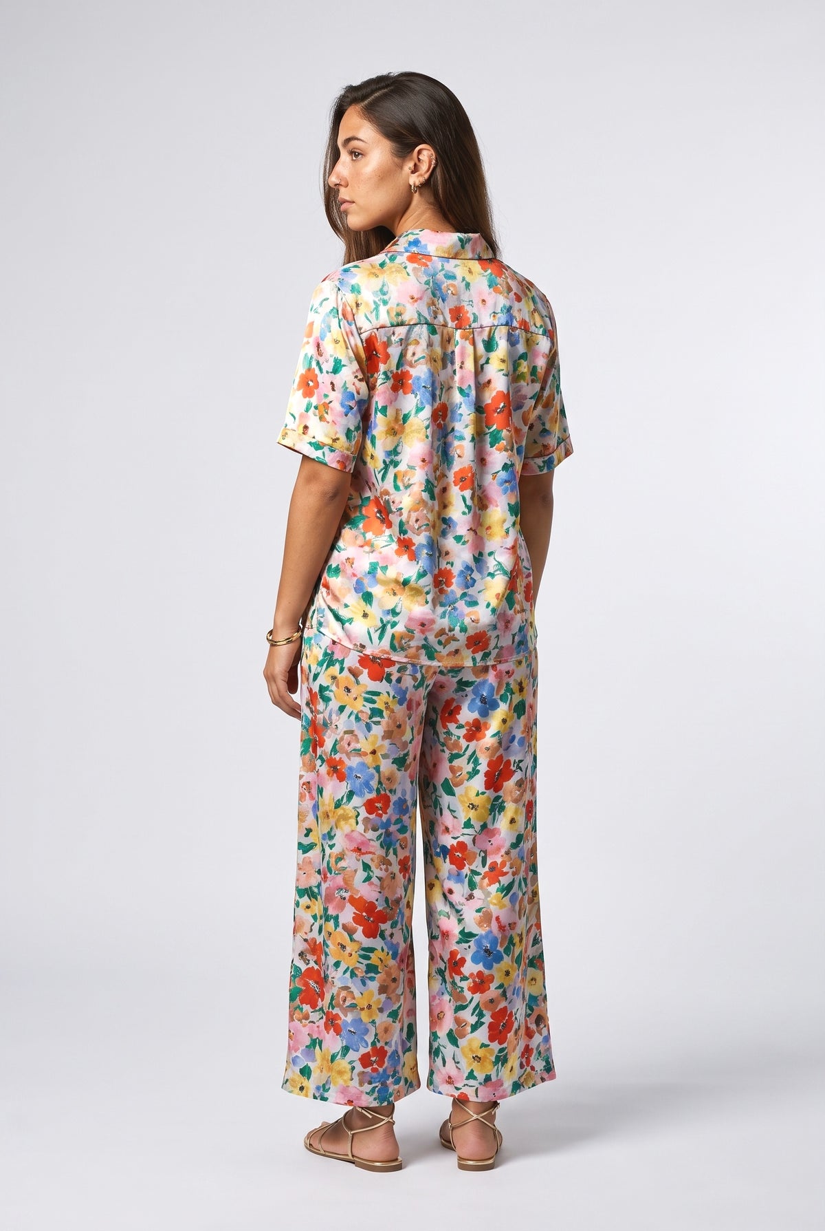 Colorful Floral Print Satin Two-Piece Set, back view