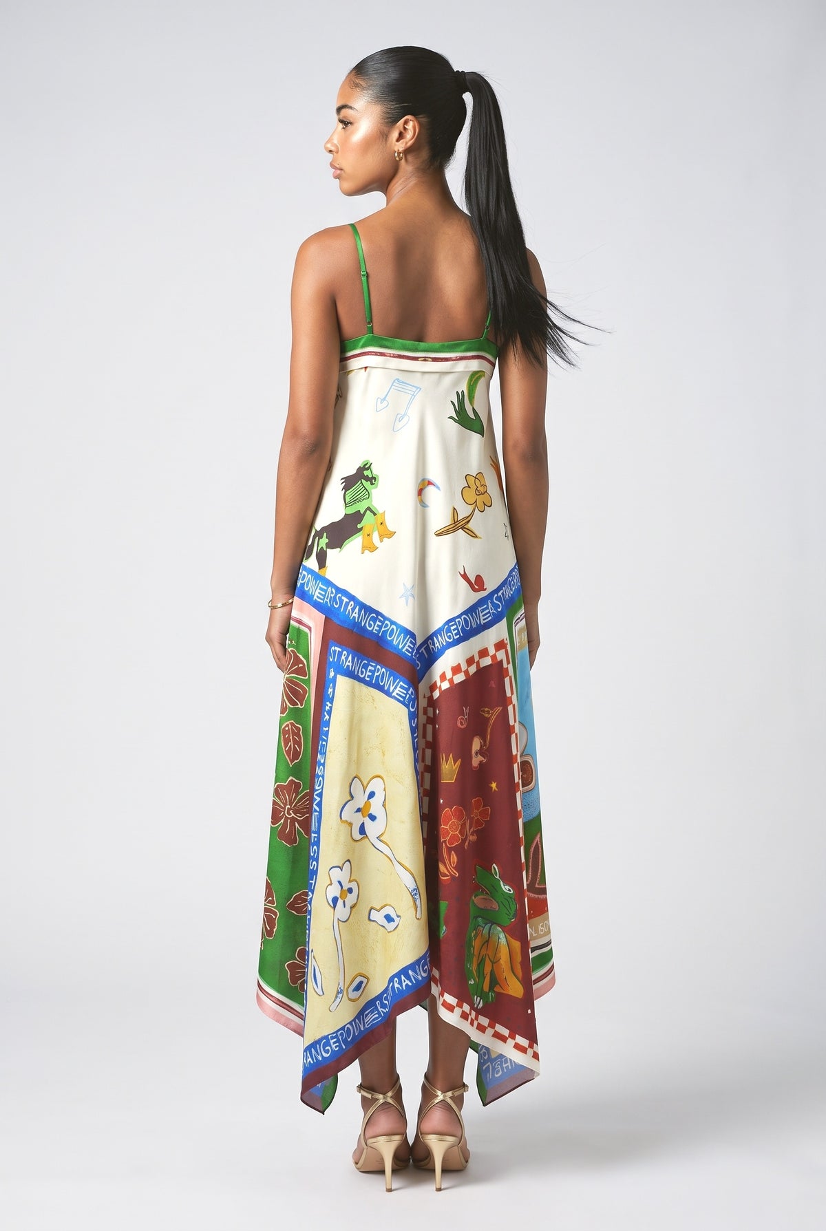 Multicolor Abstract Satin Maxi Dress, back view
