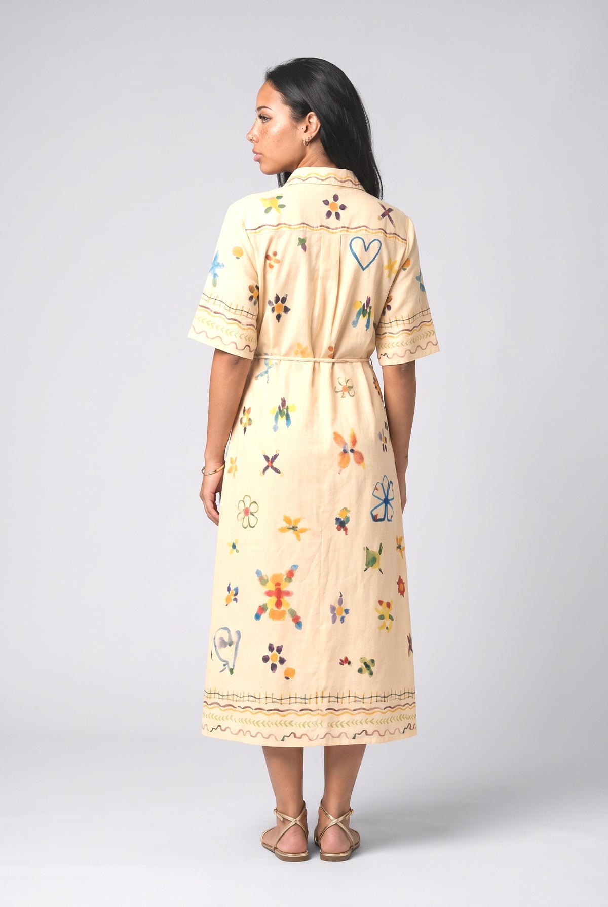 Hand-Painted Watercolor Print Shirt Midi Dress, back view