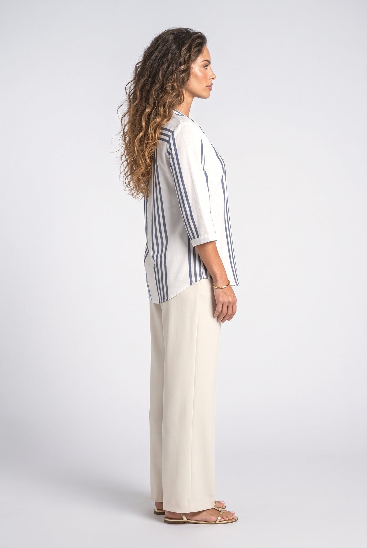 Blue V-Neck Striped Blouse, back view