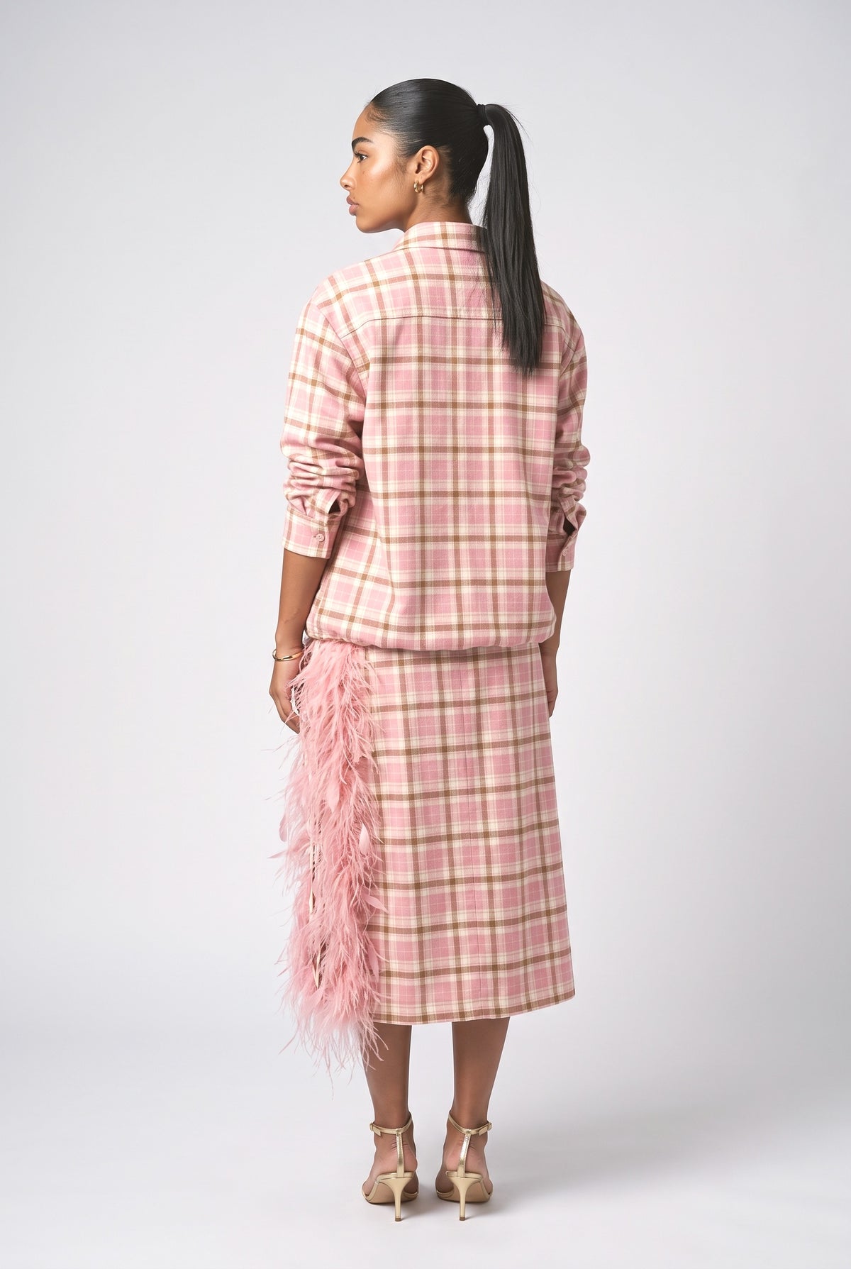 Plaid Feather Trim Outfit Set, back view