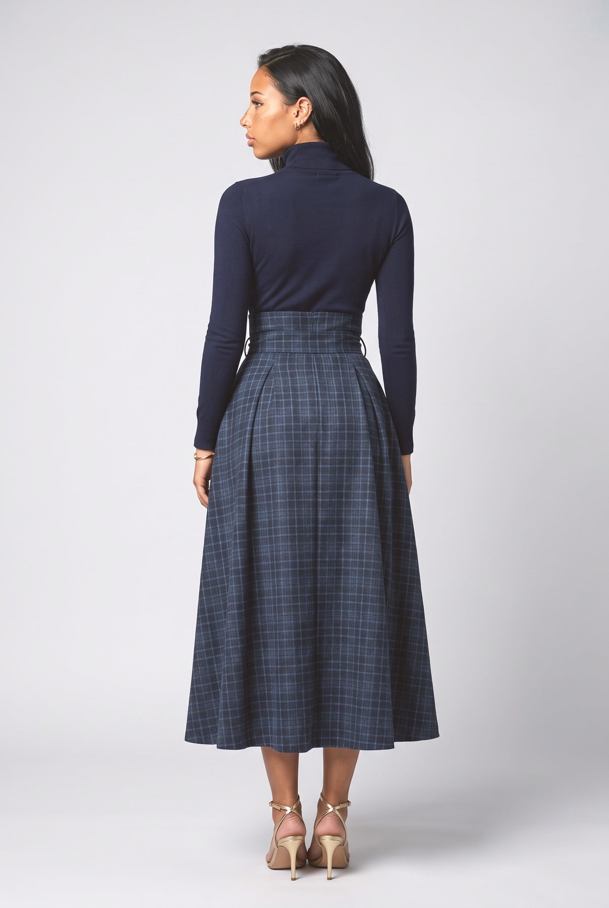 Blue Plaid High Neck Outfit Set, back view