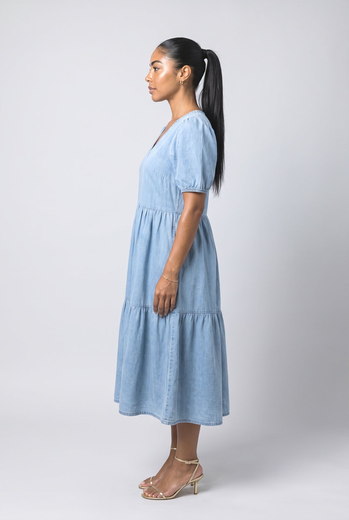 Denim V-Neck Puff Sleeve Midi Dress, back view