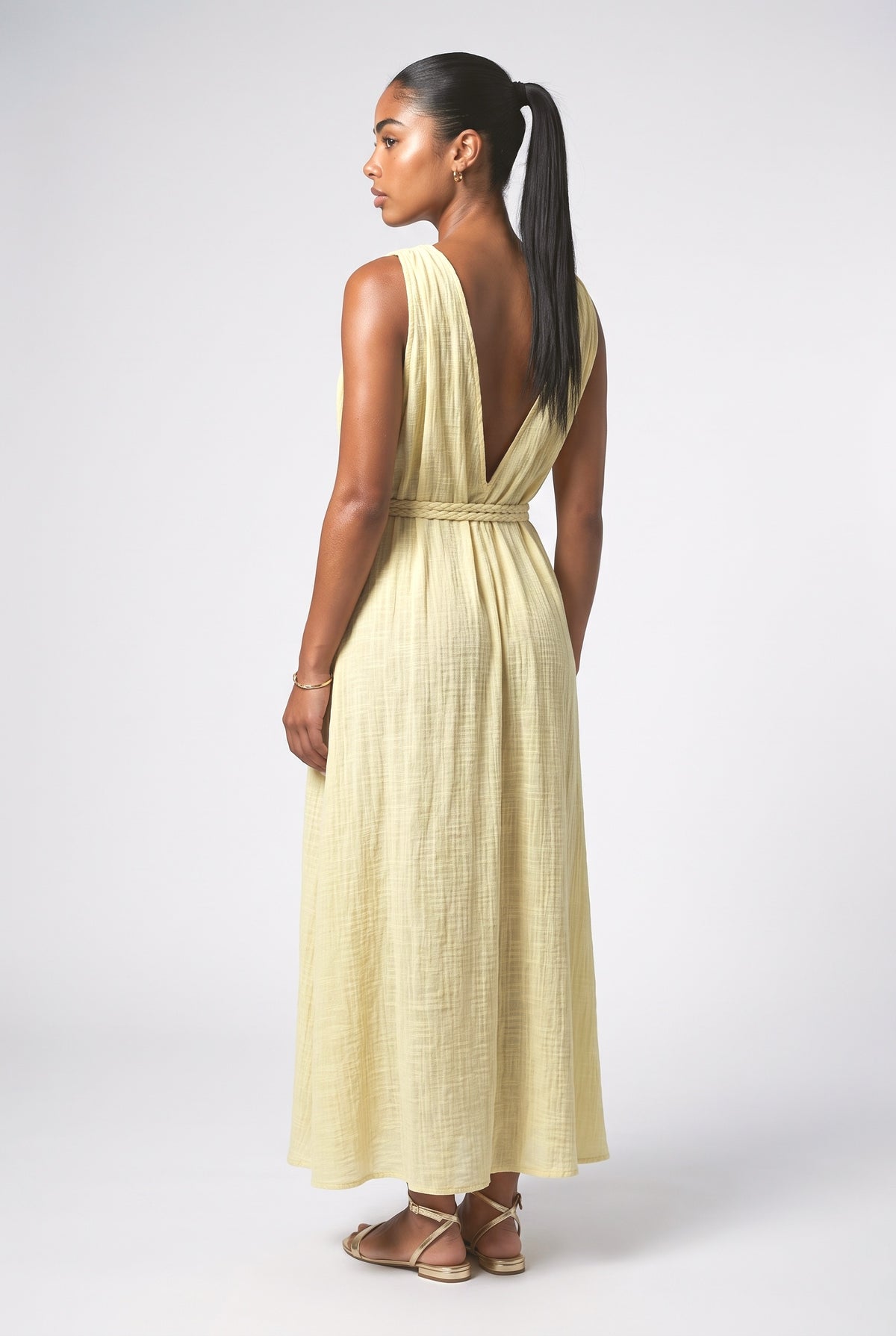 Yellow V-Neck Sleeveless Flowy Maxi Dress, back view