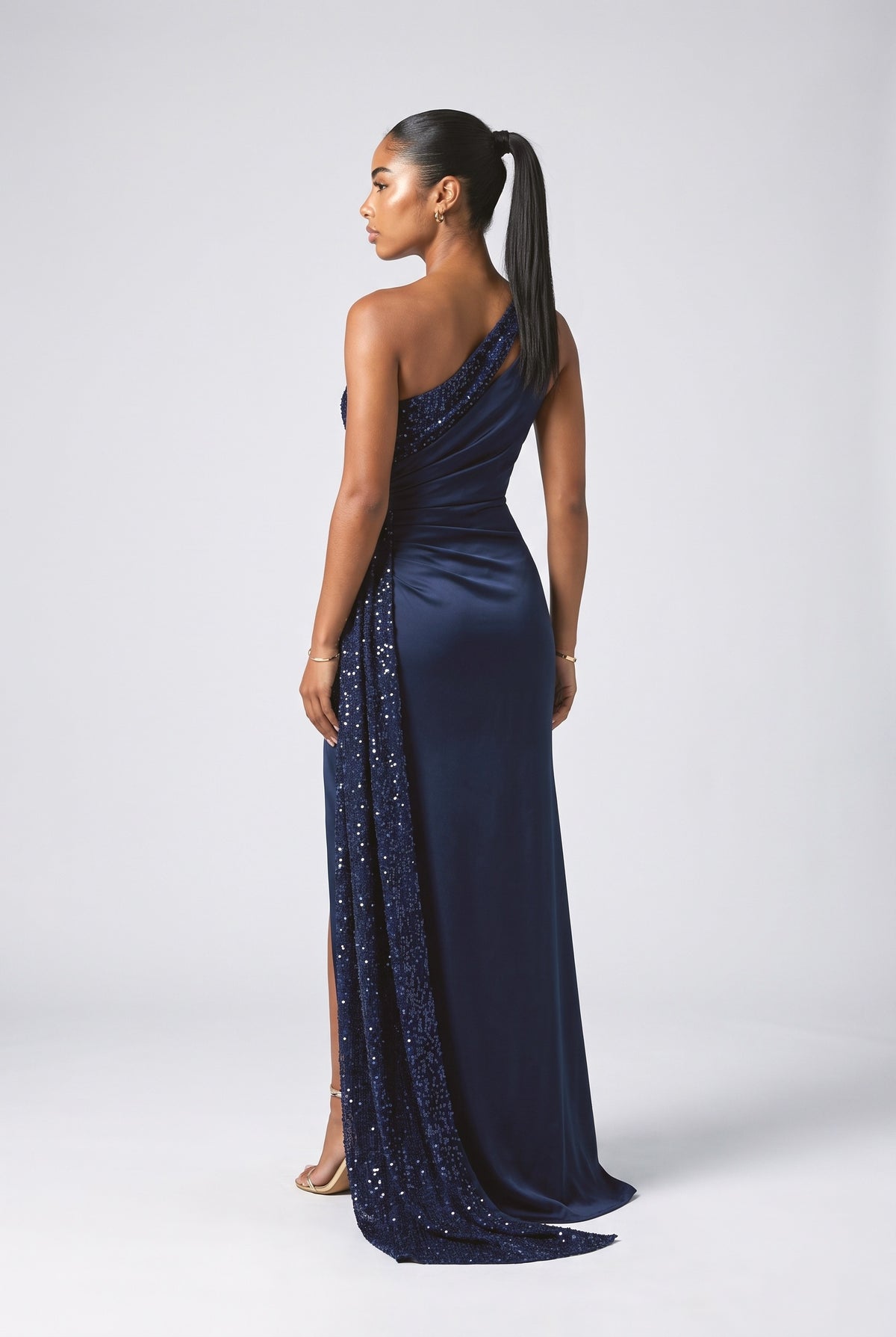 Sequin One-Shoulder Slit Maxi Dress, back view