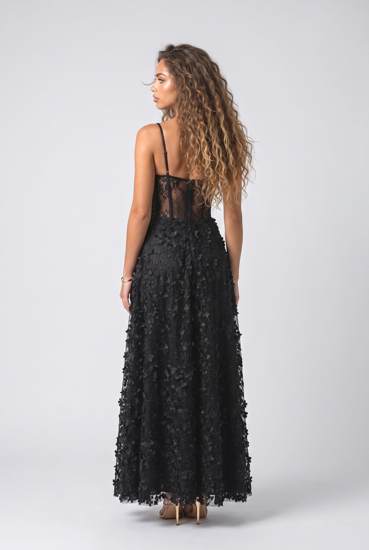 Black Floral Lace A-Line Maxi Dress, back view