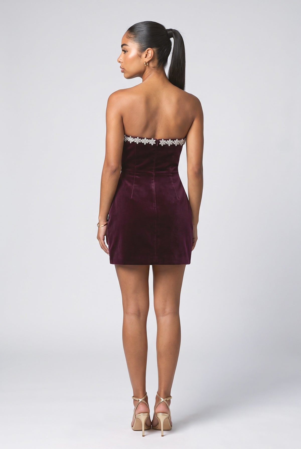 Velvet Jewel Embellished Trim Bandeau Mini Dress, back view