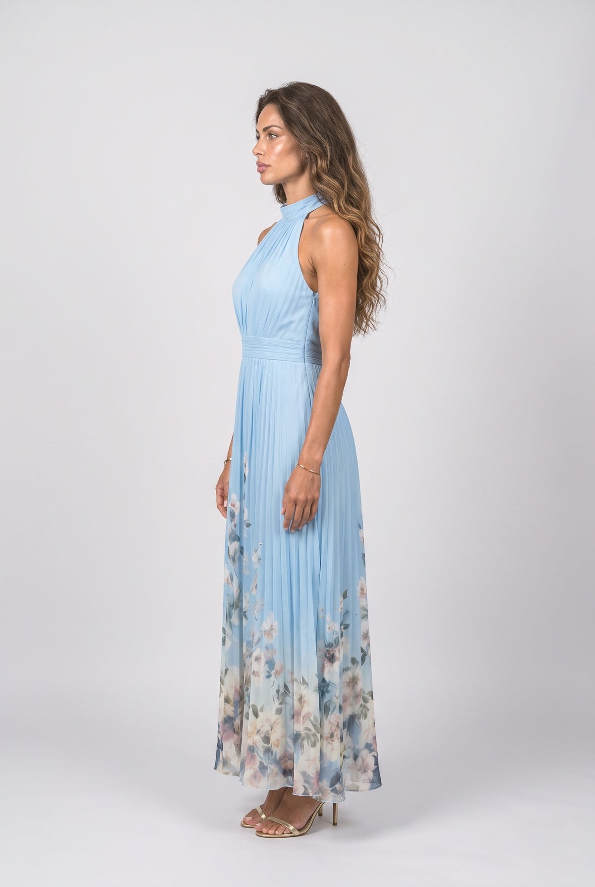 Blue Halter Neck Pleated Maxi Dress, back view
