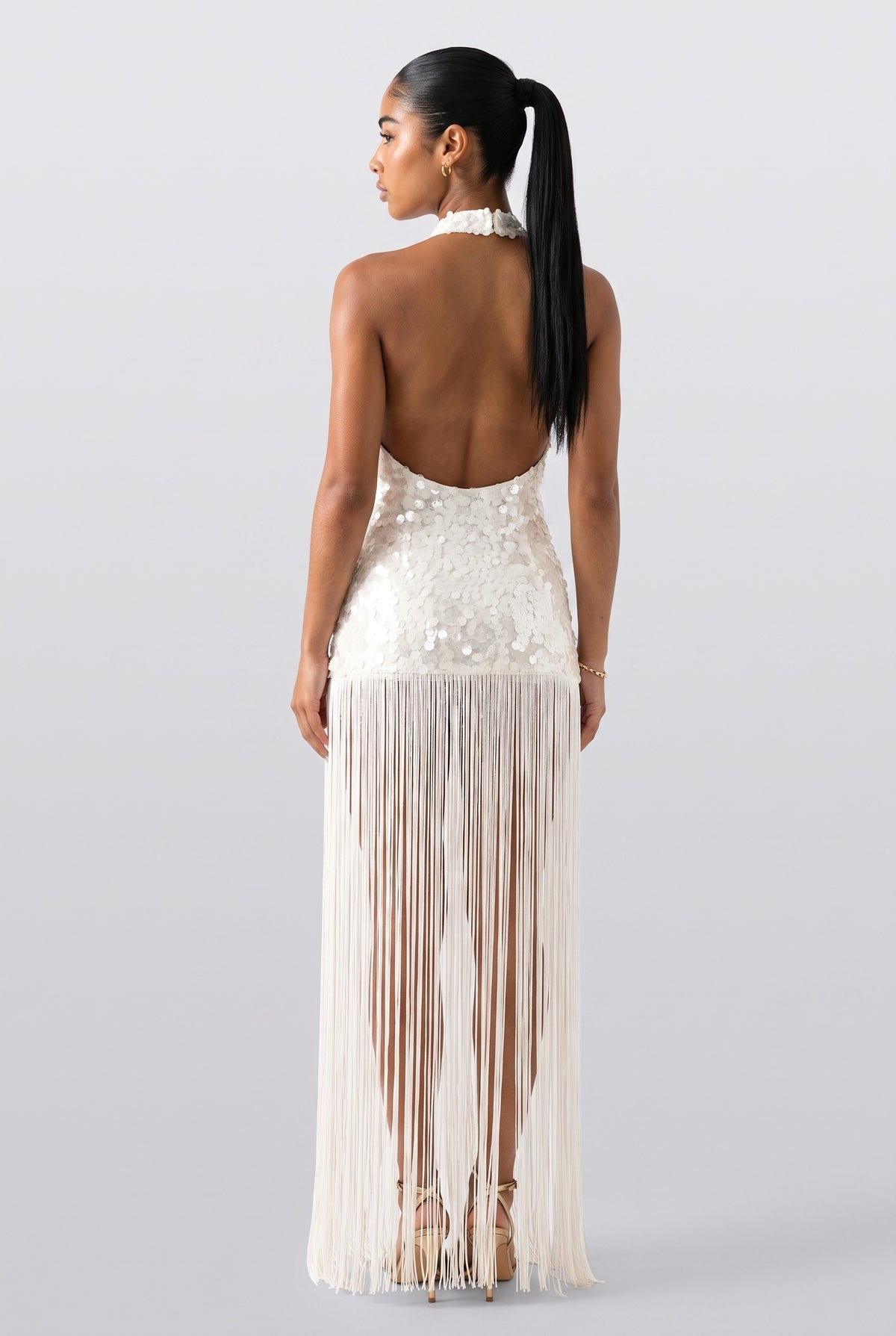 Sequin Backless Sleeveless Fringe Maxi Dress, back view
