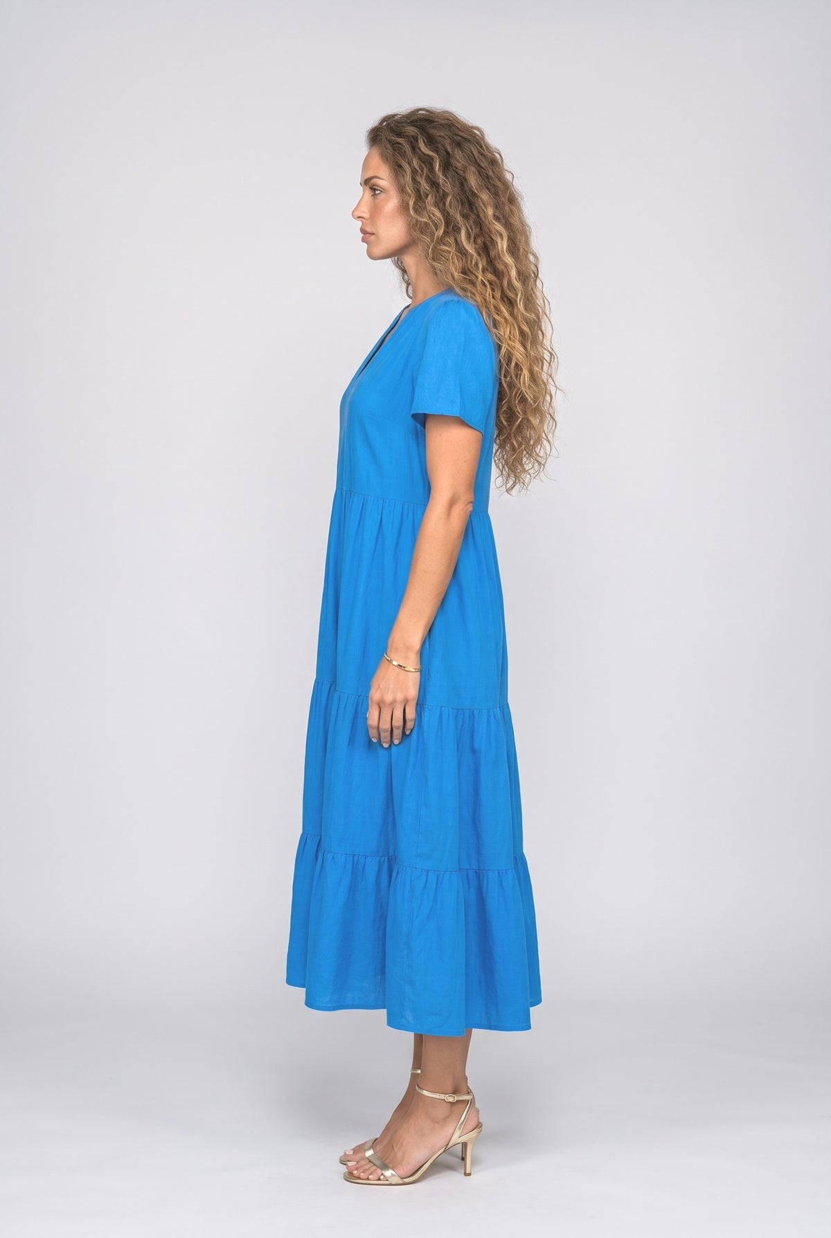 V-Neck Short Sleeve Tiered Midi Dress, back view