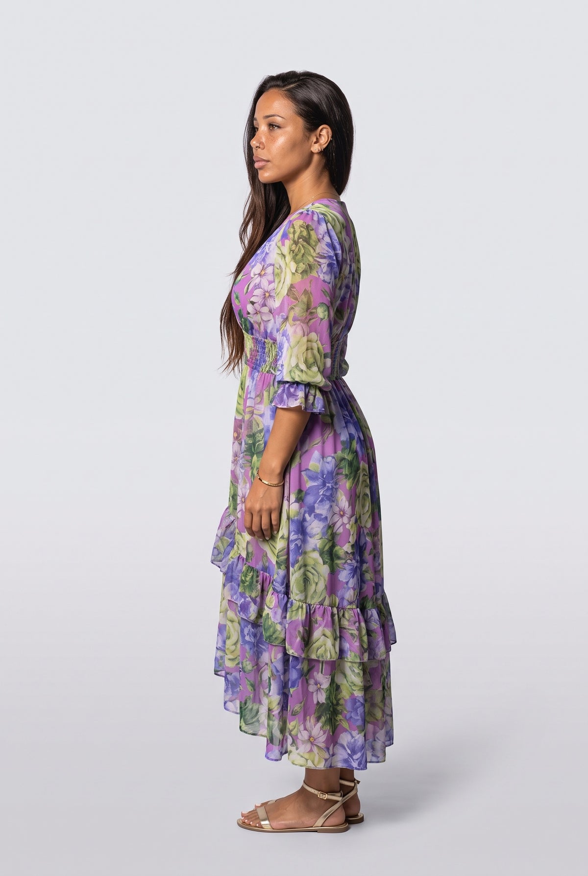 V-Neck Floral Ruffle Maxi Dress, back view
