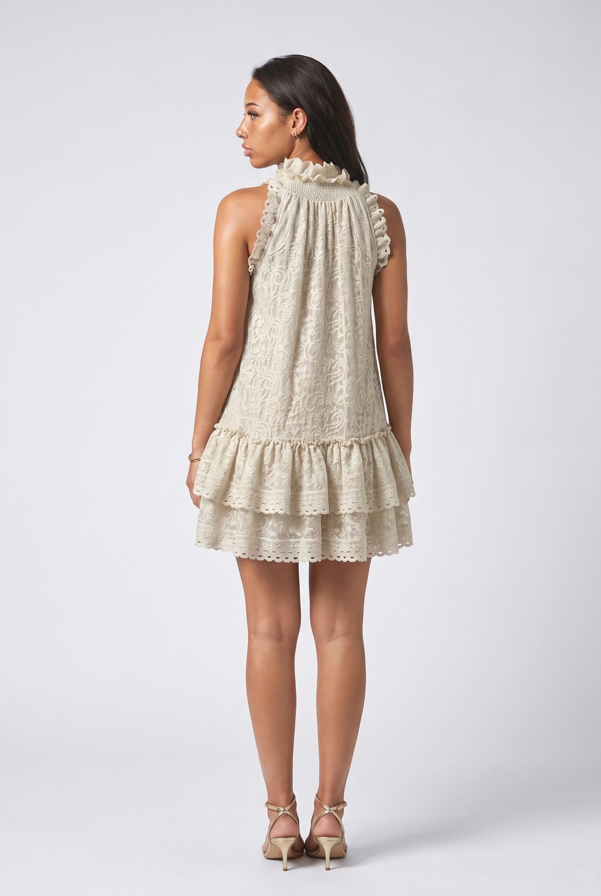 Beige Lace Sleeveless Ruffle Mini Dress, back view