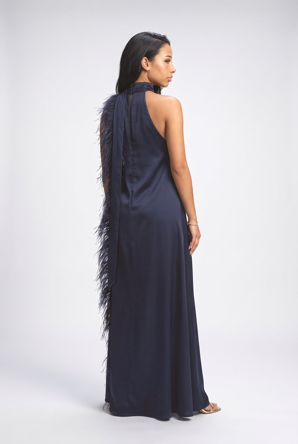 Satin Halter Neck Feather Trim Maxi Dress, back view