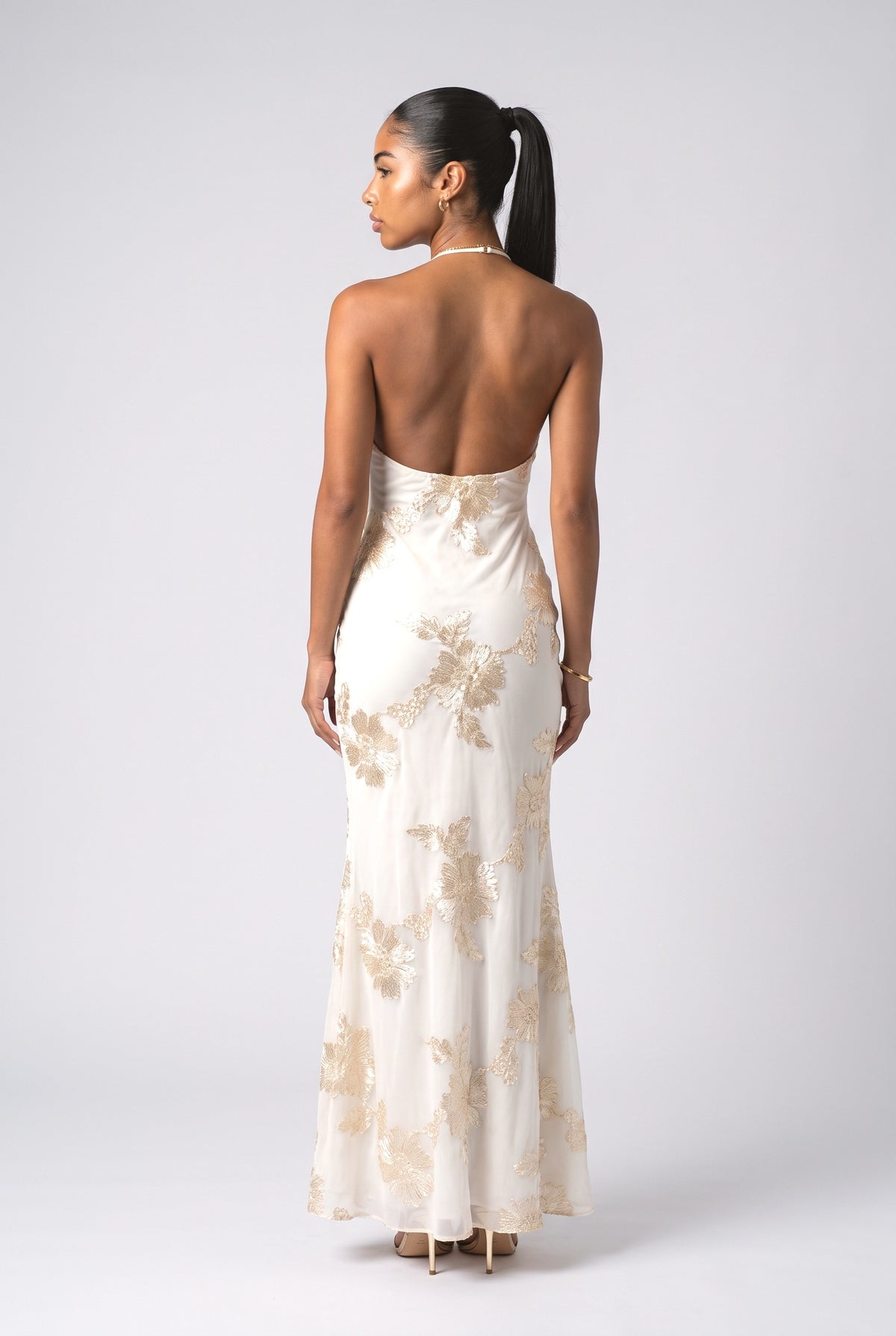 Yellow Floral Backless Maxi Dress, back view