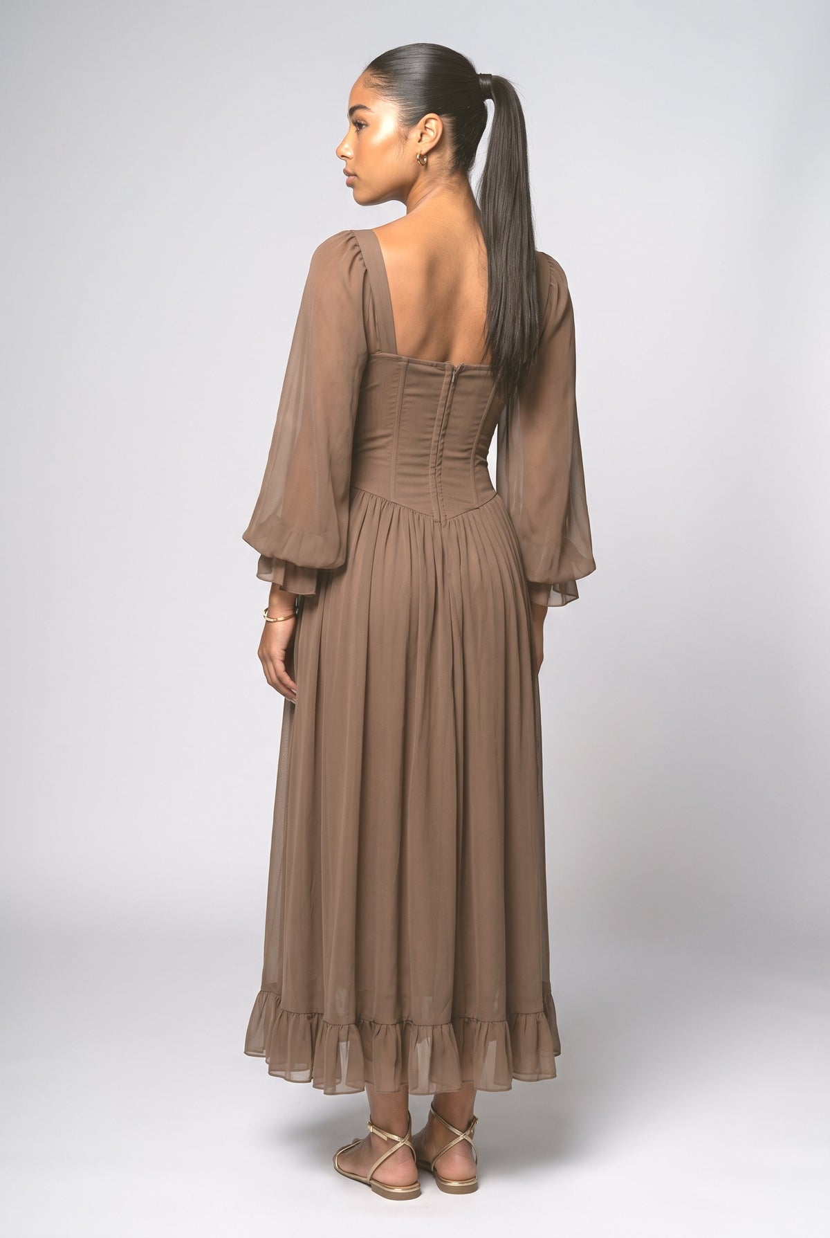 Brown Chiffon Strappy Ruffle Maxi Dress, back view