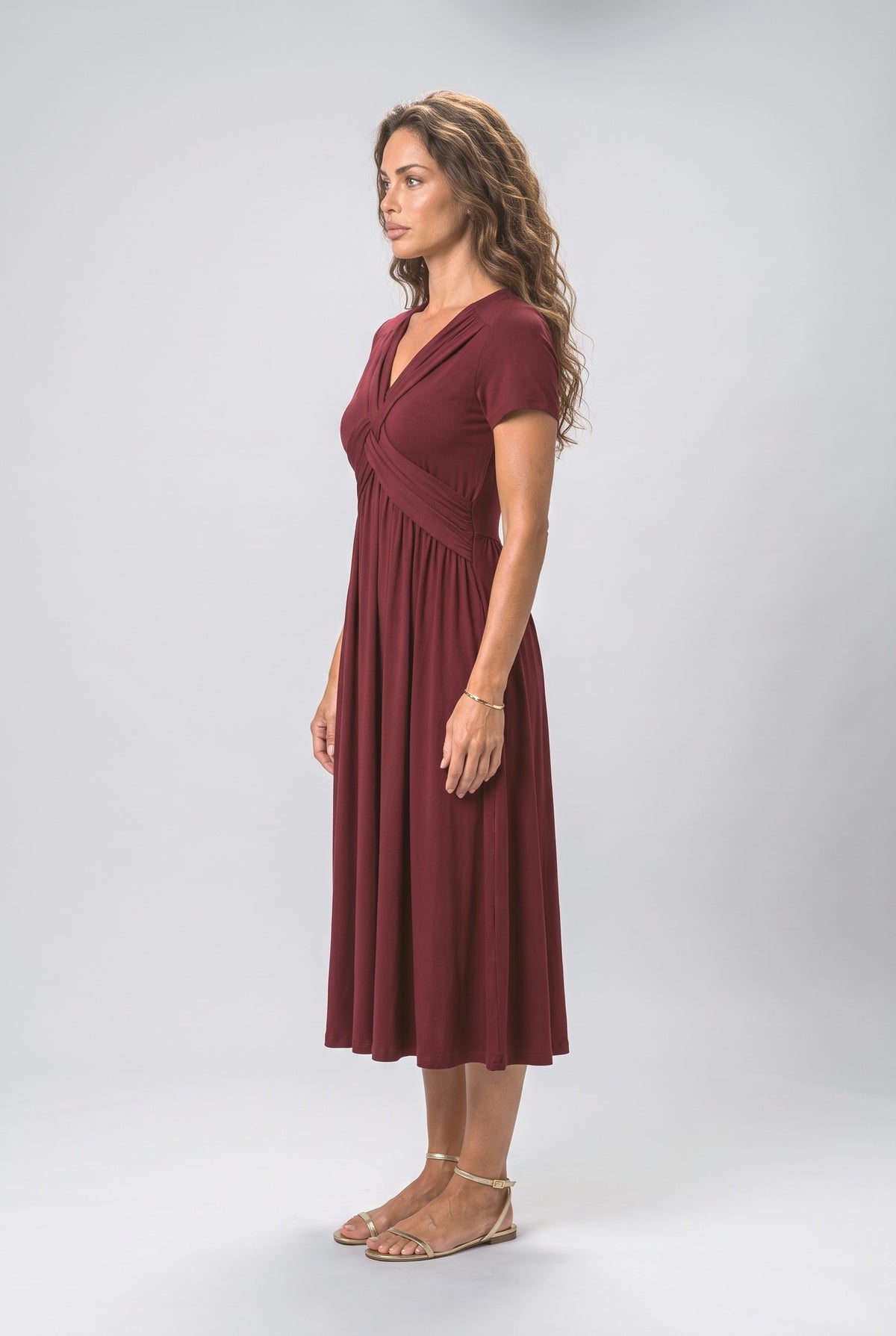 V-Neck Pleated Midi Dress, back view