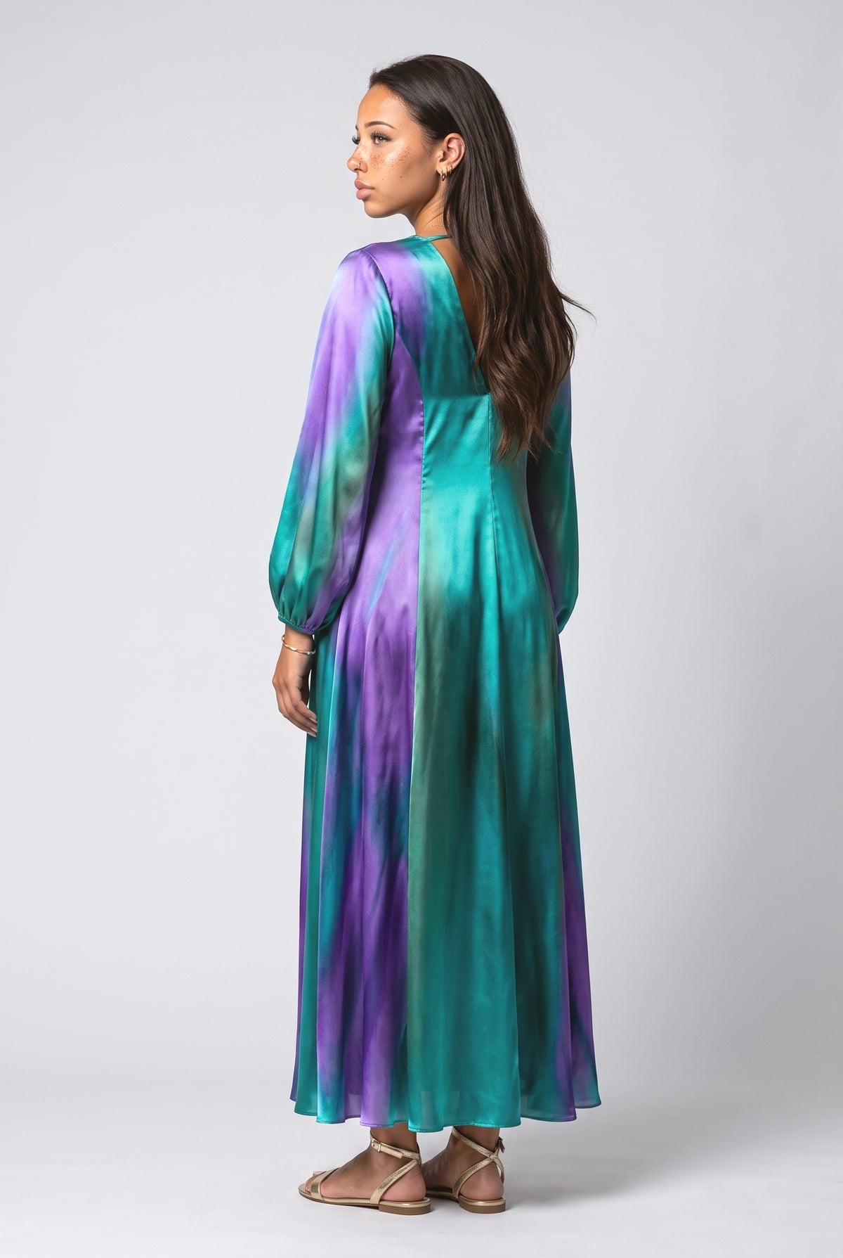 Multicolor Satin V-Neck Maxi Dress, back view