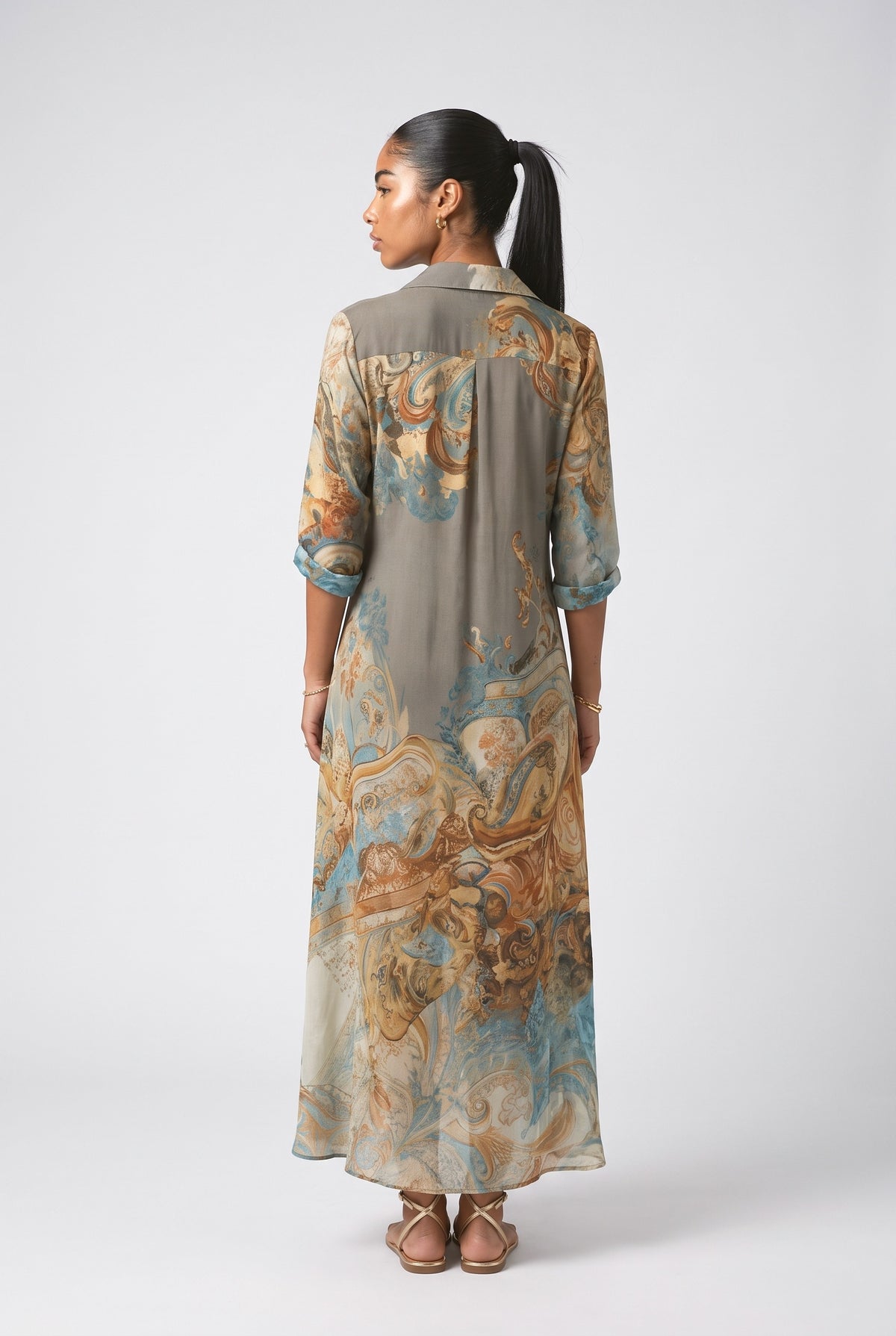 Bohemian Art Print Shirt Maxi Dress, back view