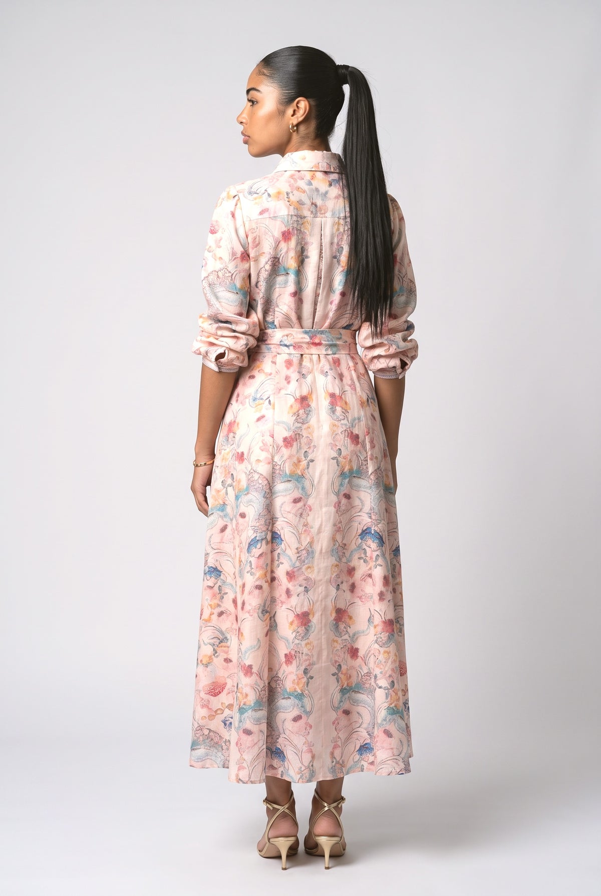 Pastel Print Tie-Front Shirt Maxi Dress, back view