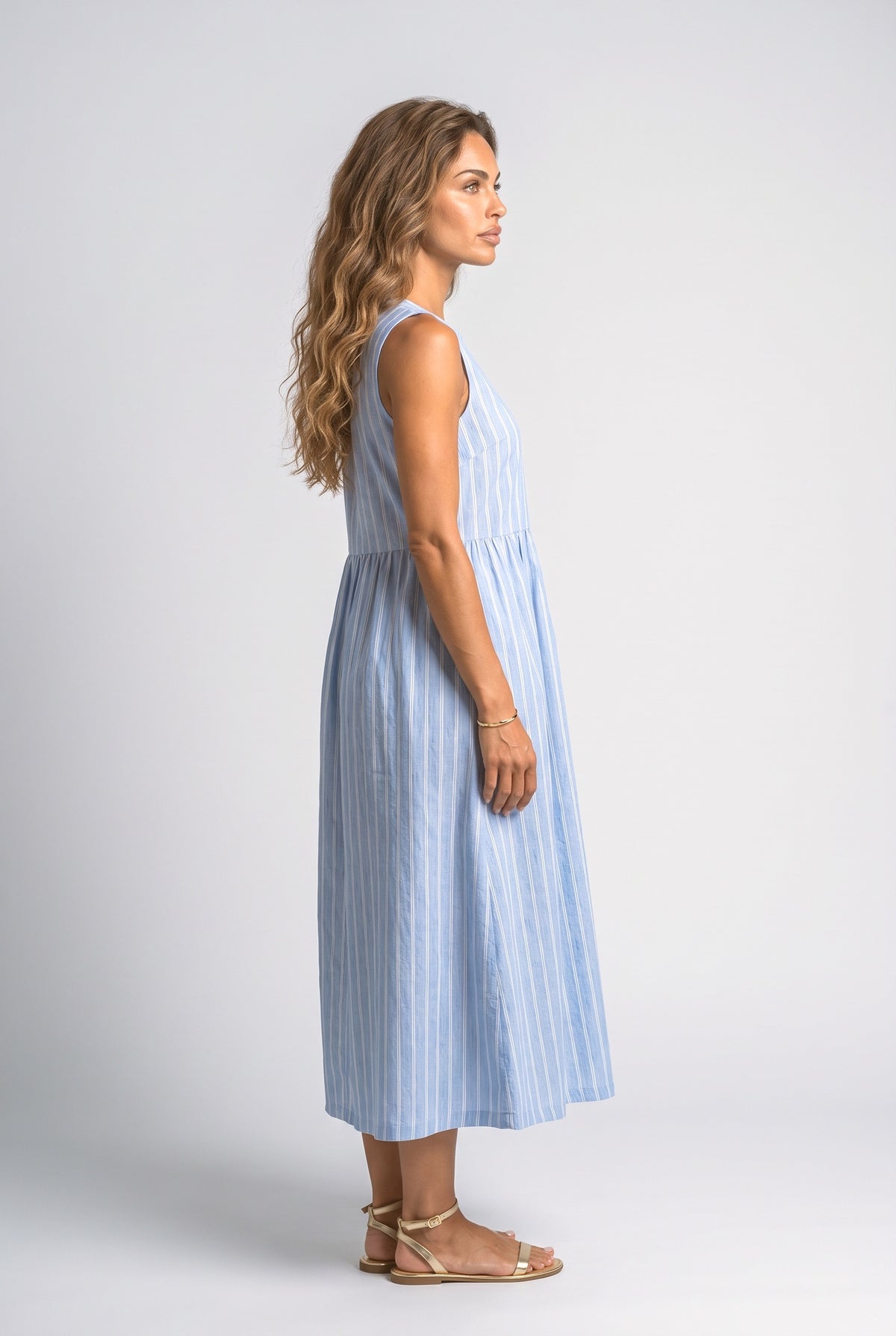 Blue Striped Sleeveless Midi Dress, back view