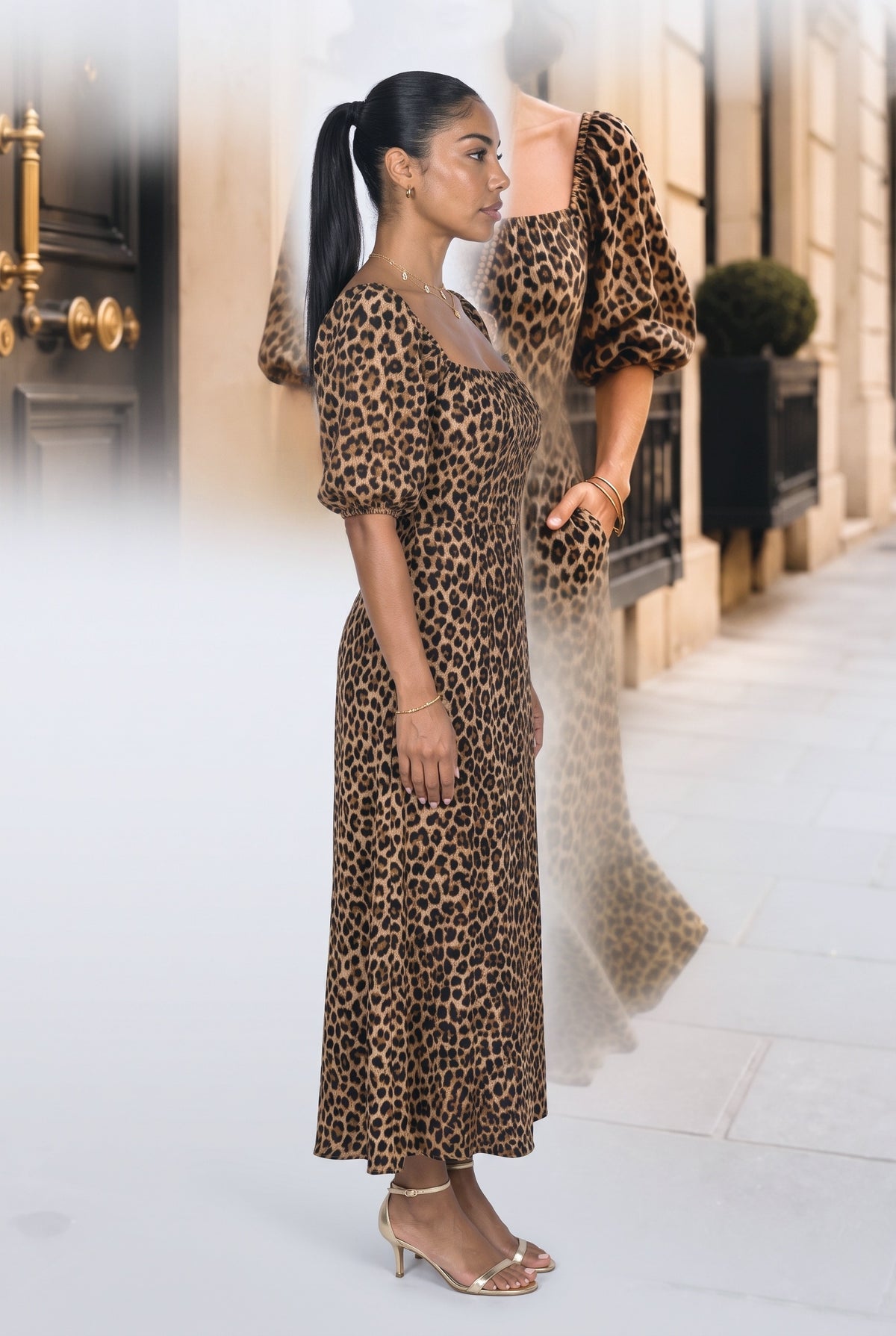 Multicolor Square Neck Leopard Maxi Dress, back view
