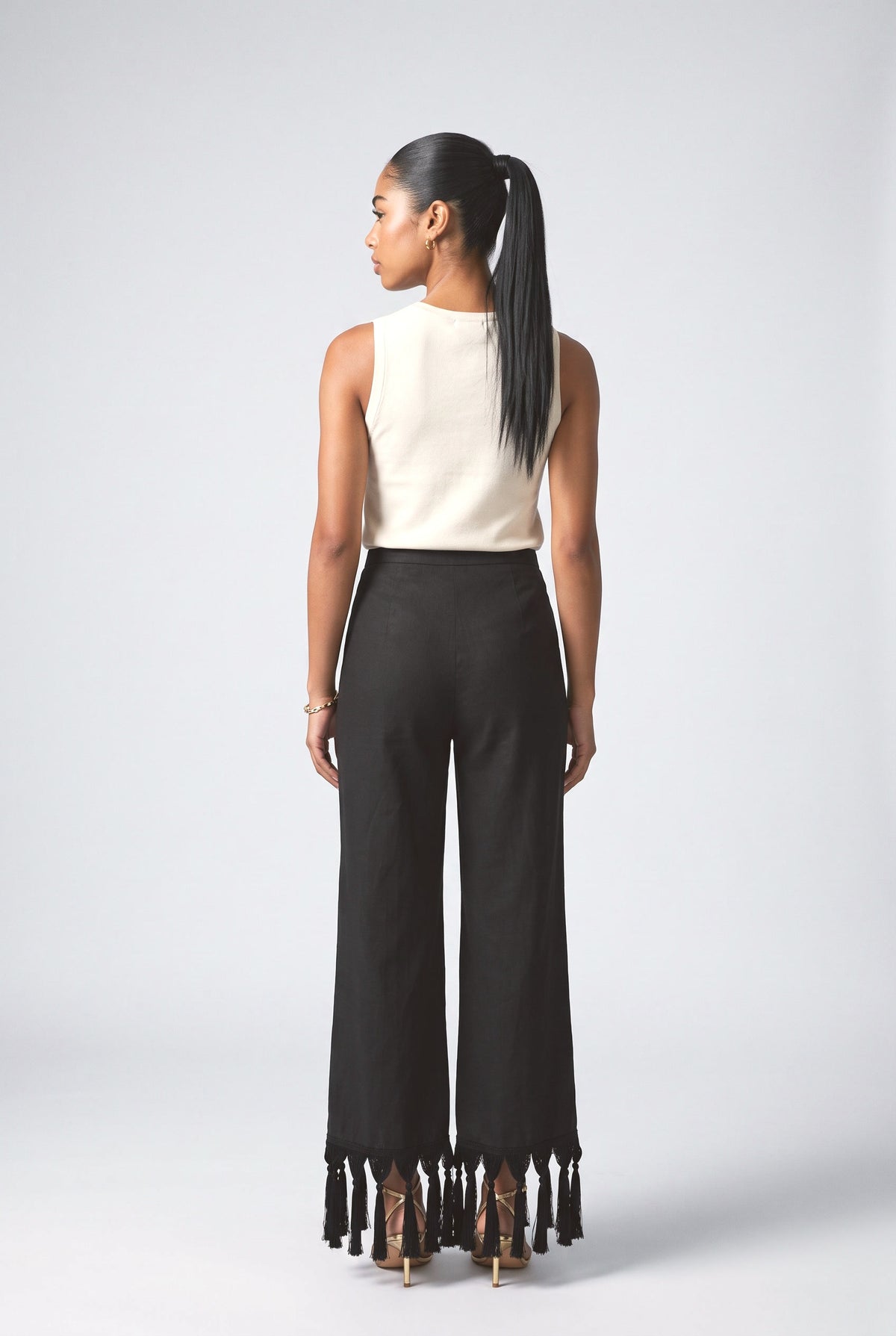 Black Fringe Pants, back view