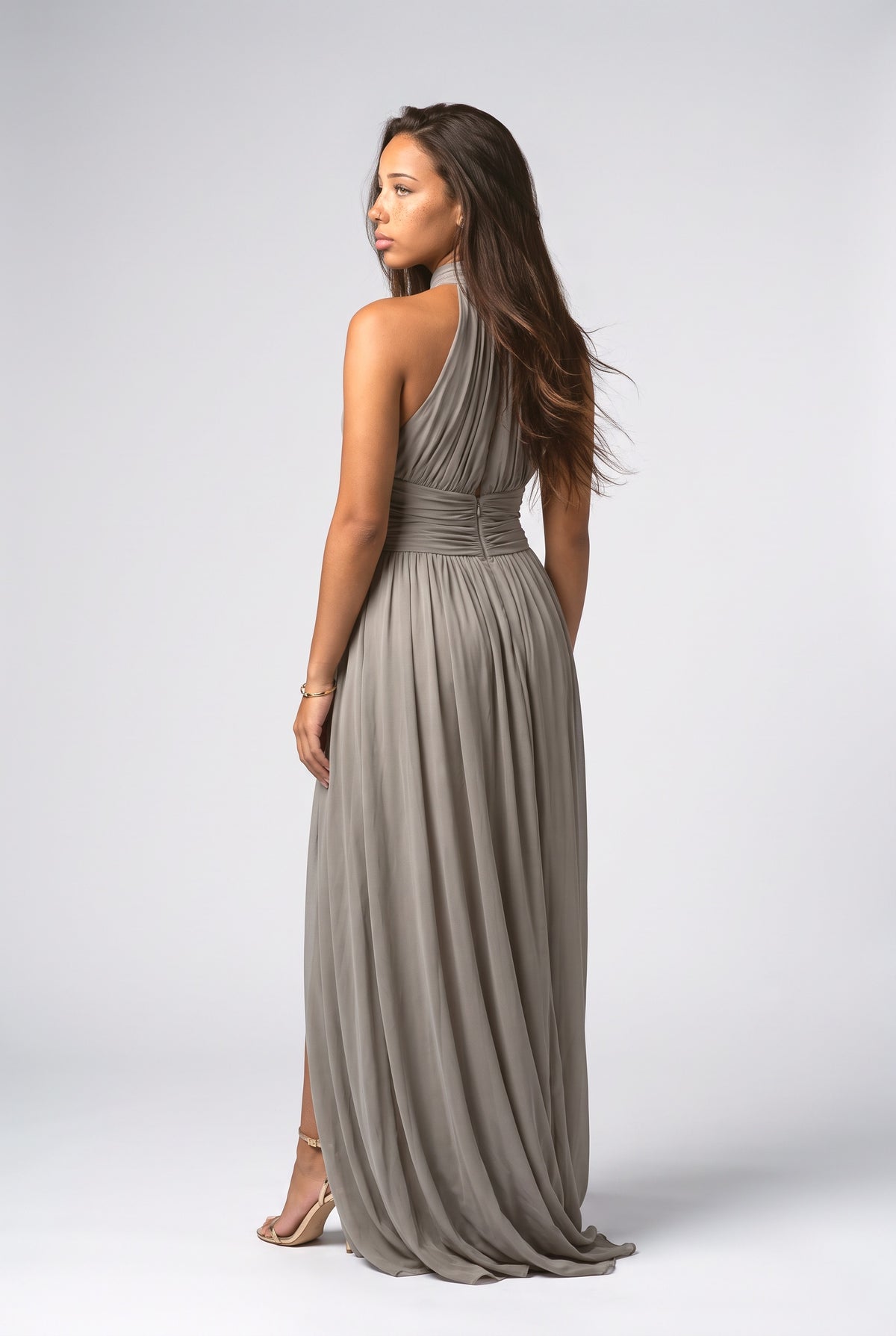Gray High Neck Ruched Maxi Dress, back view