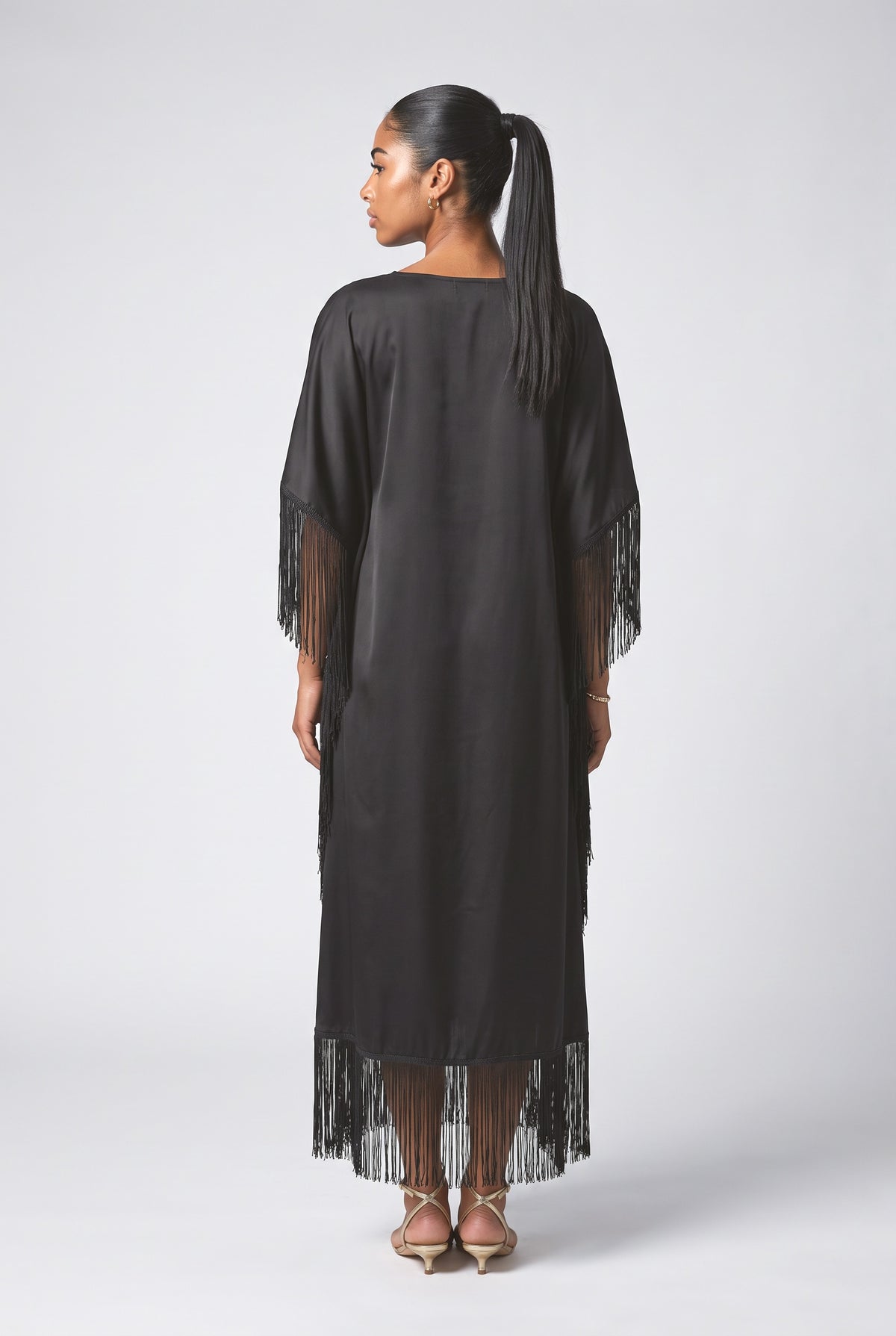 Black Satin Fringe Maxi Dress, back view