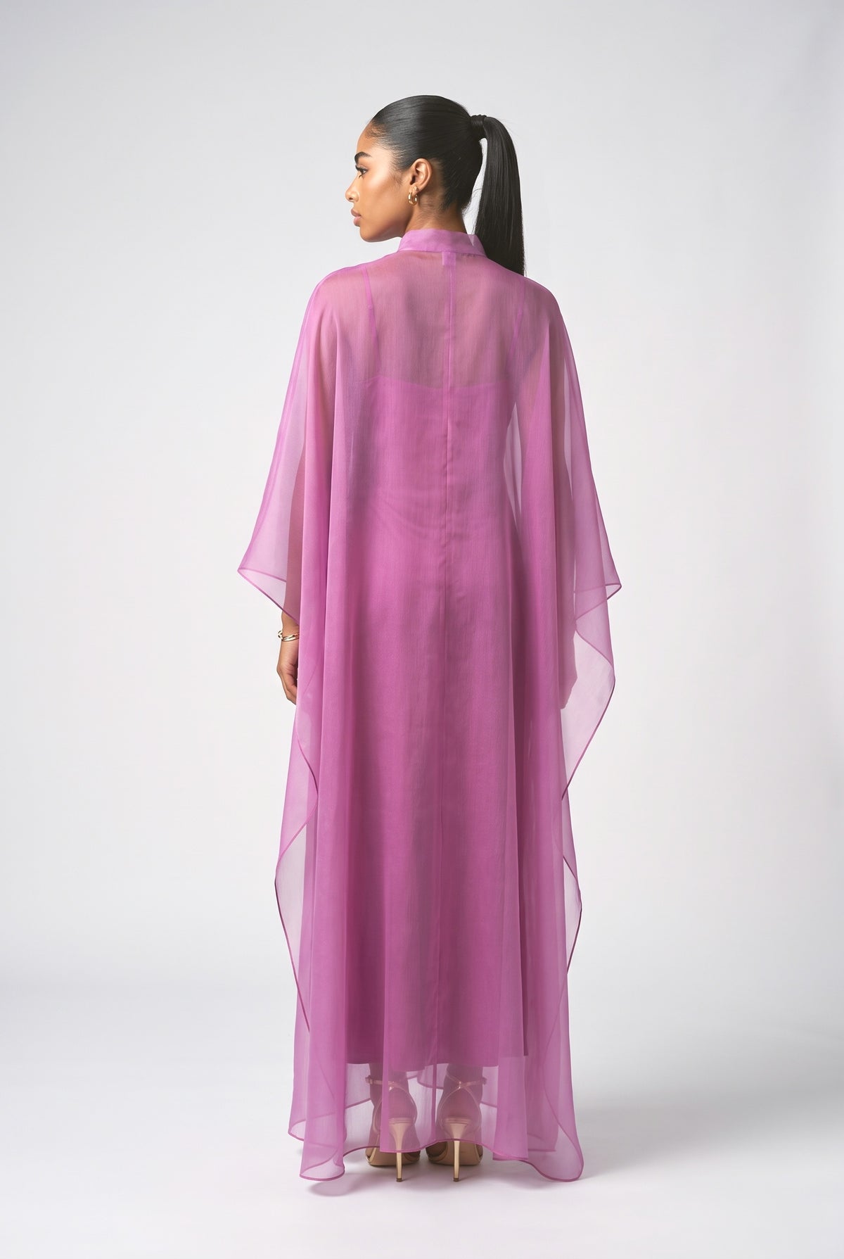Pink Sheer Cape Maxi Dress, back view