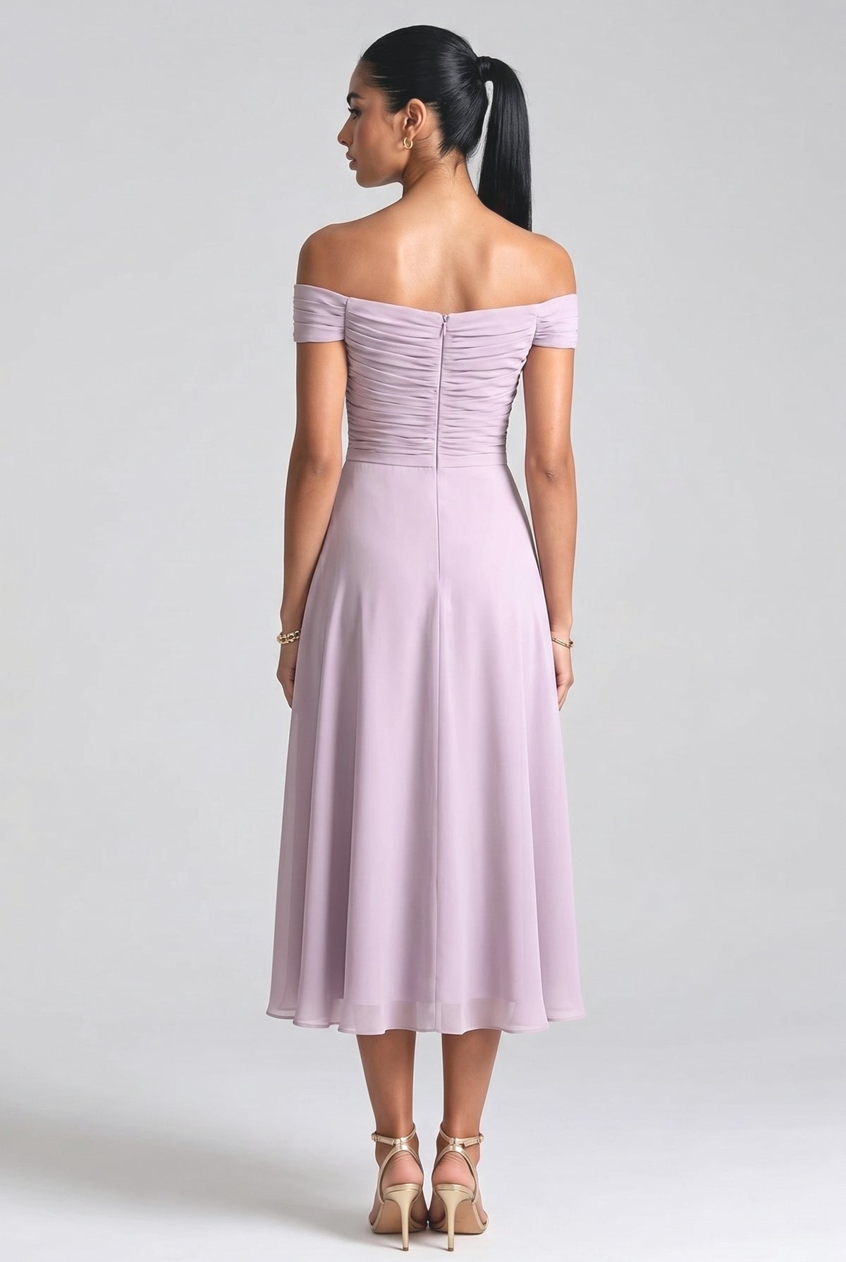 Purple Chiffon Off-Shoulder Sleeveless A-Line Midi Dress, back view