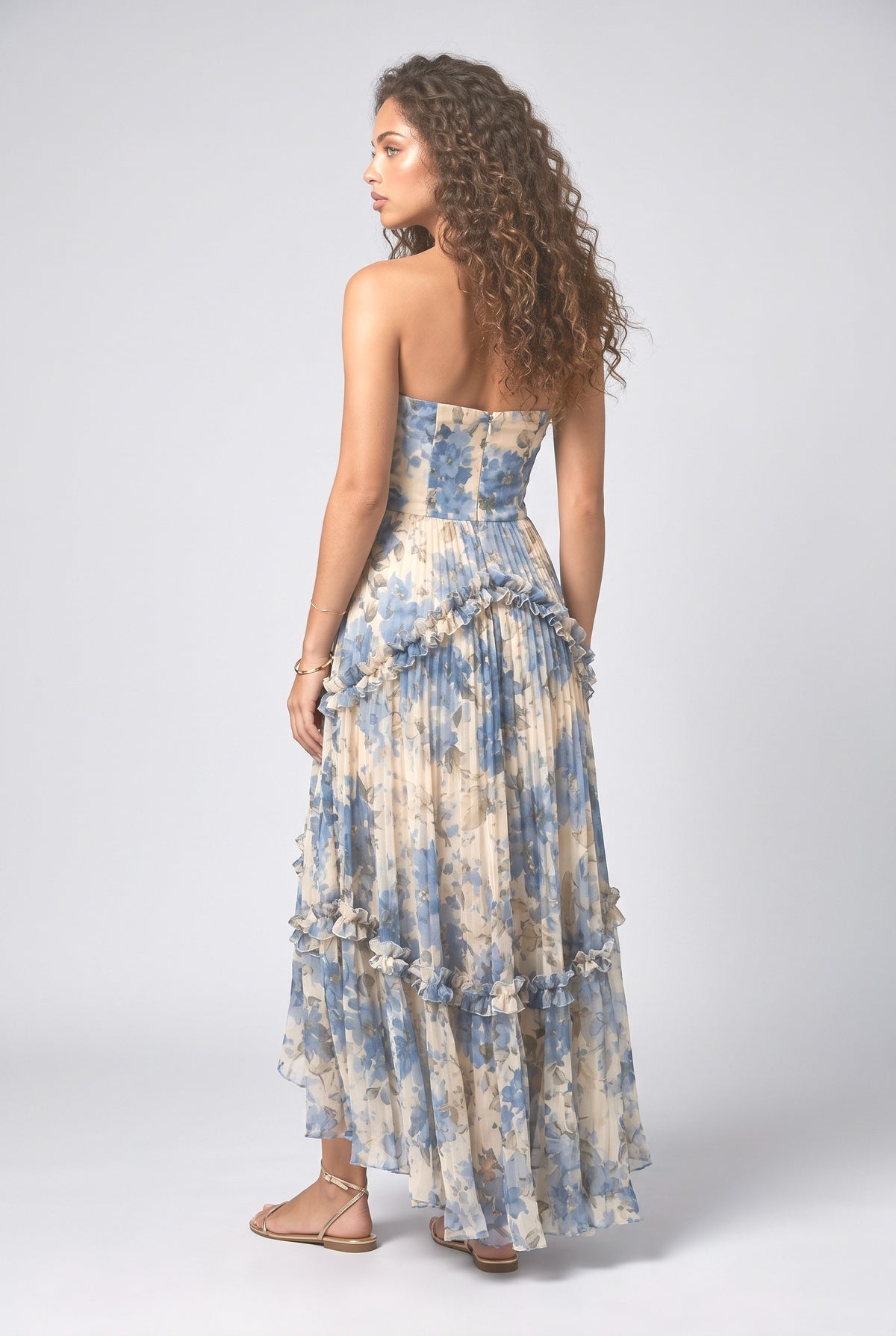 Blue Floral Strapless Tiered Maxi Dress, back view
