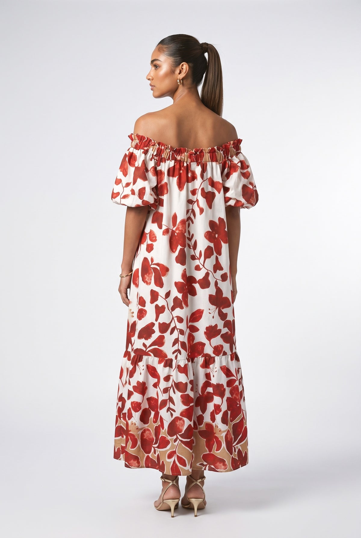 Red Floral Off-Shoulder Puff Sleeve Maxi Dress, back view