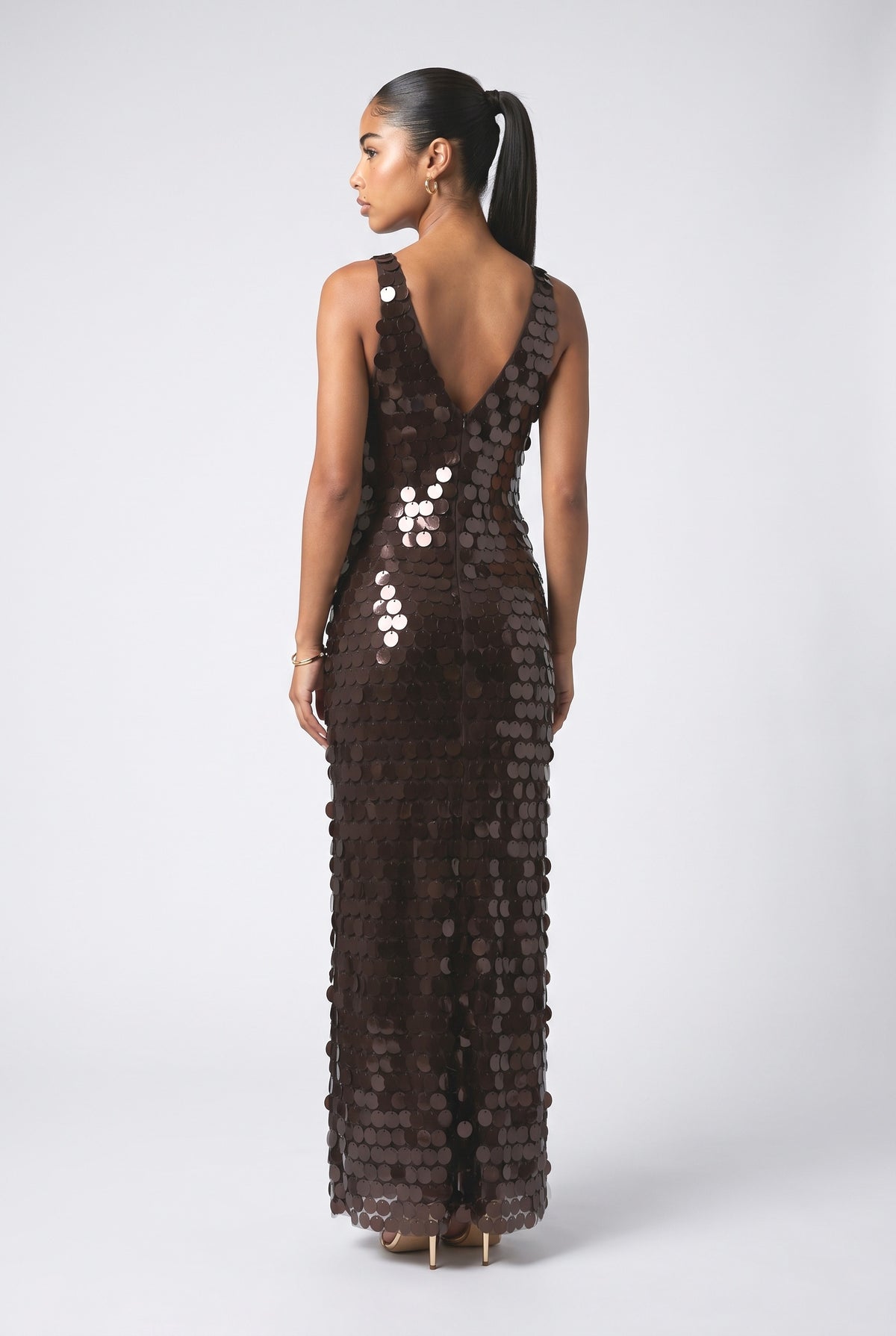 Blue Sequin V-Neck Maxi Dress, back view