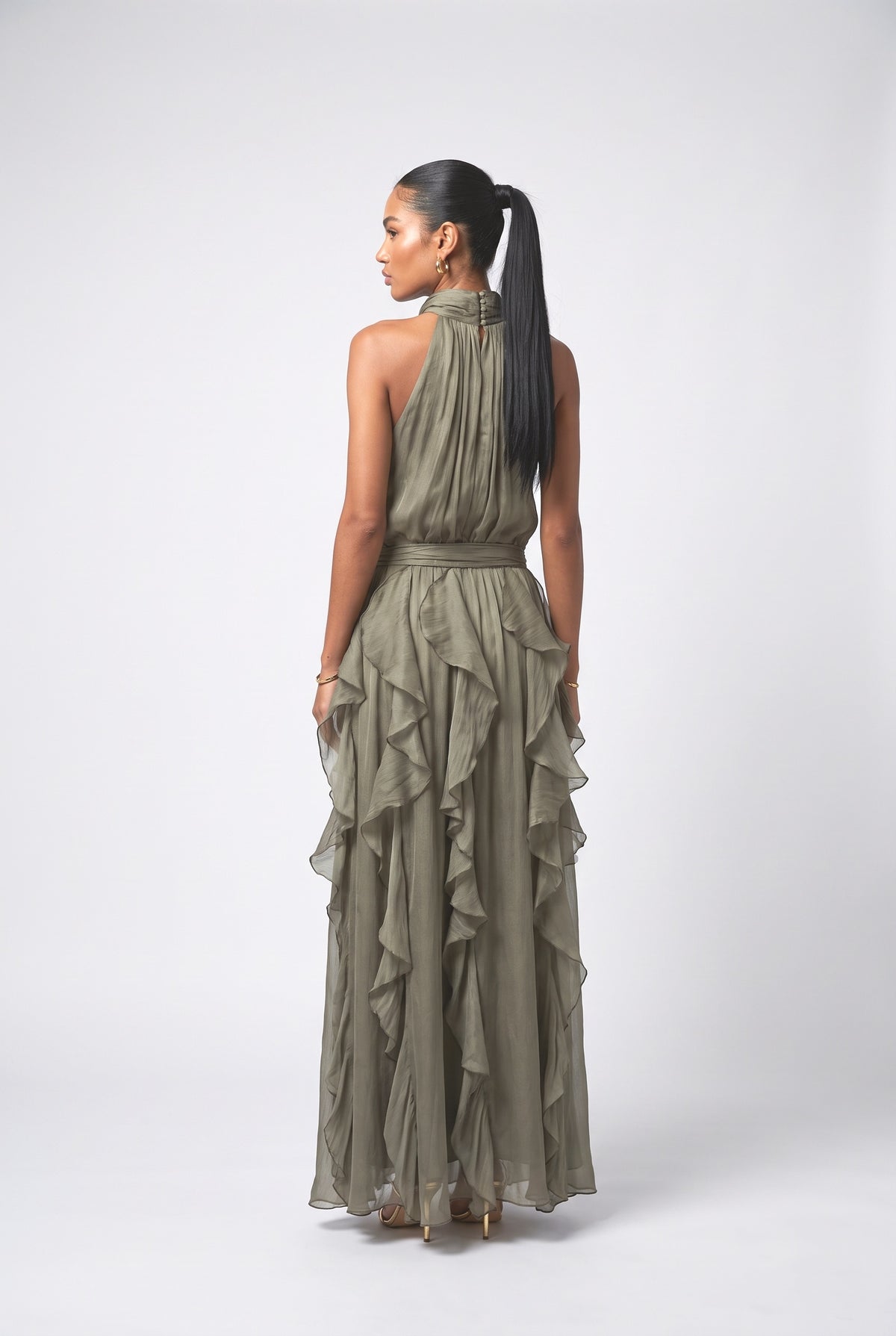 Chiffon Halter Neck Ruffle Maxi Dress, back view