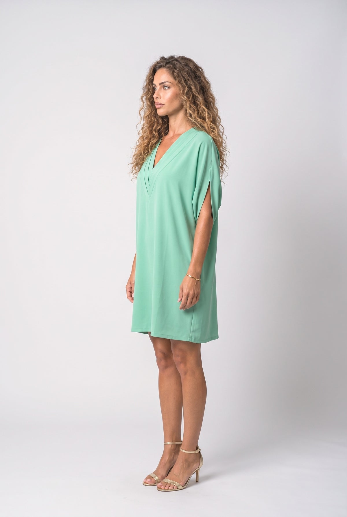V-Neck Batwing Sleeve Pleated Summer Dress, back view