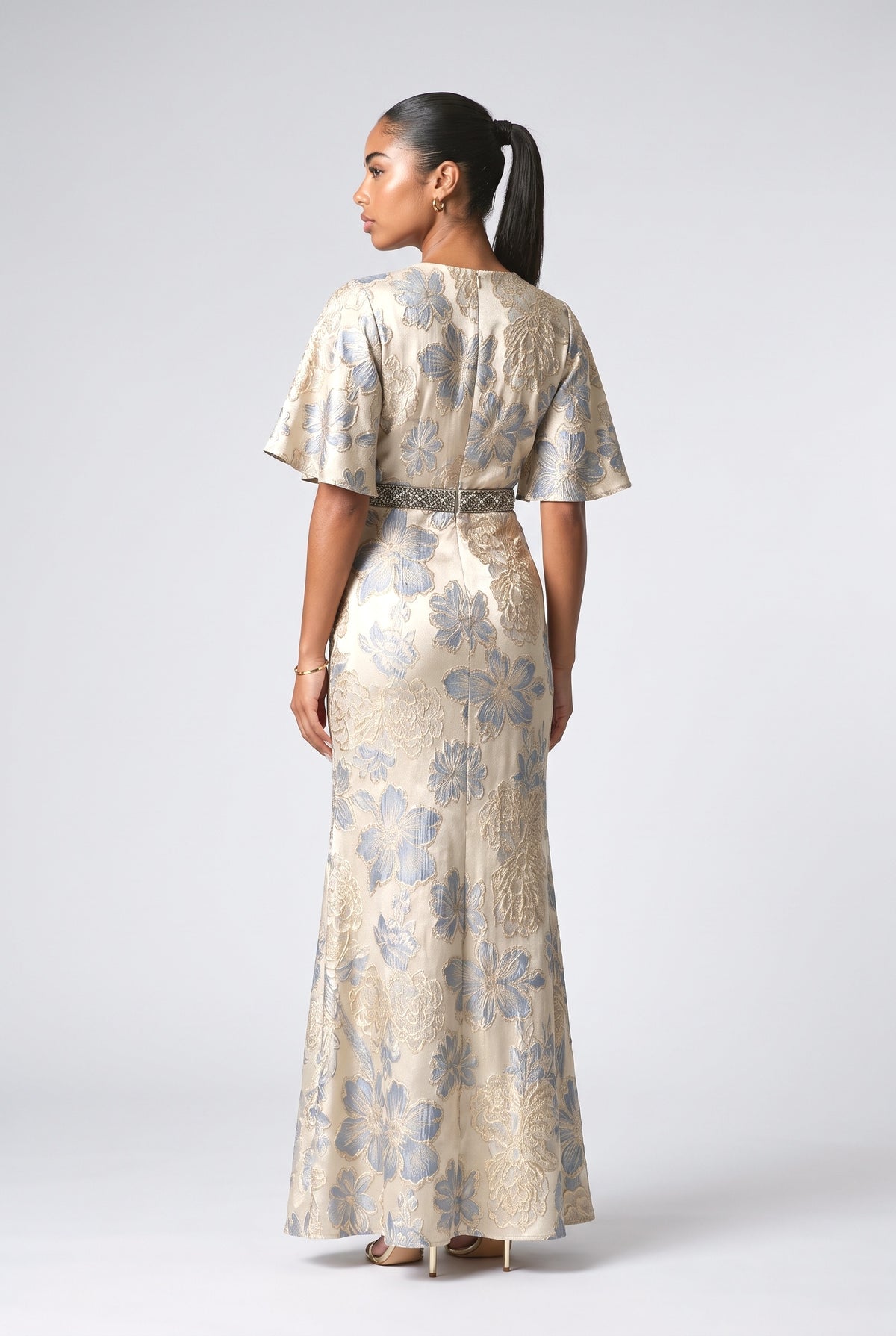 Floral Flutter Sleeve Mermaid Maxi Dress, back view