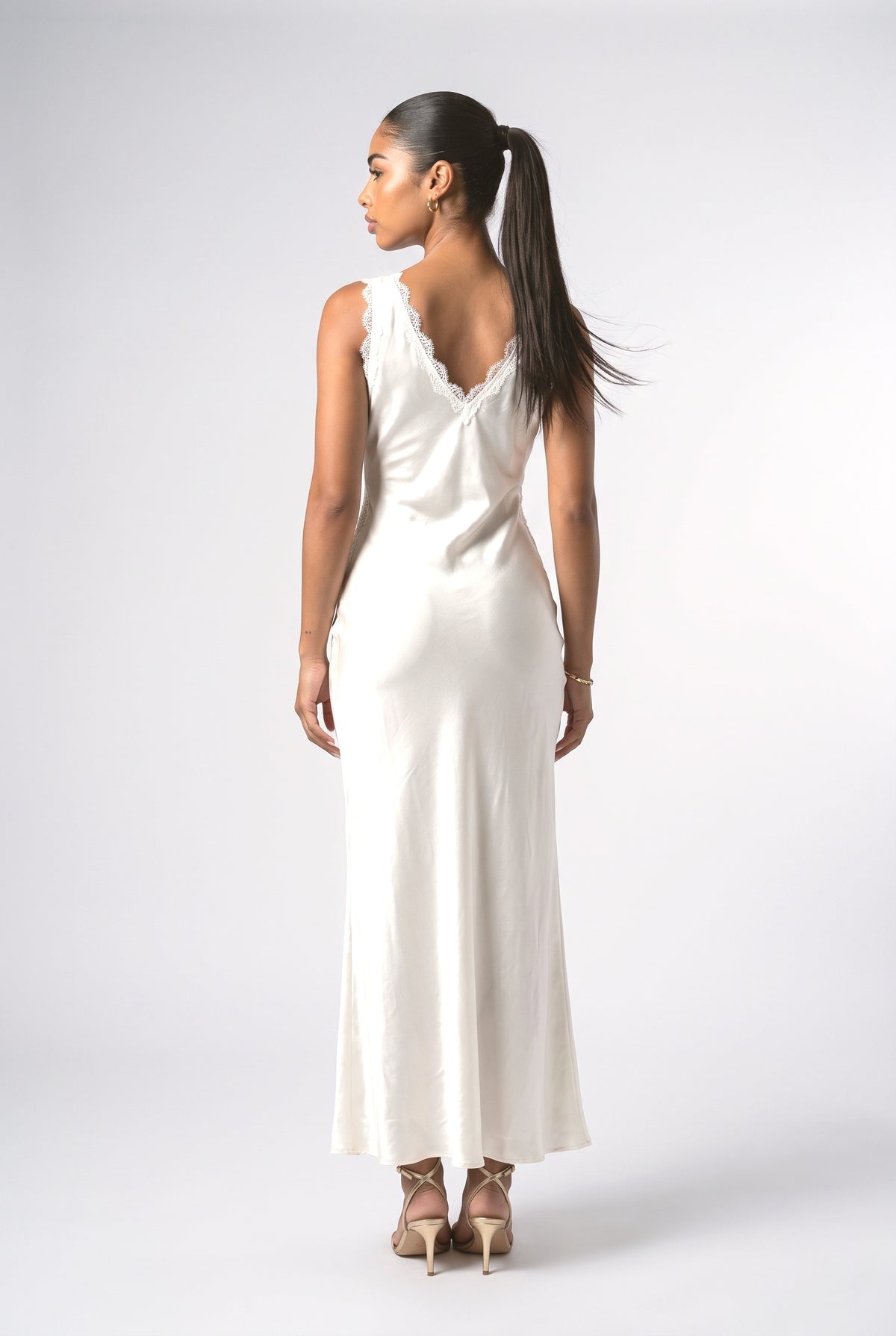 Beige Satin V-Neck Maxi Dress, back view