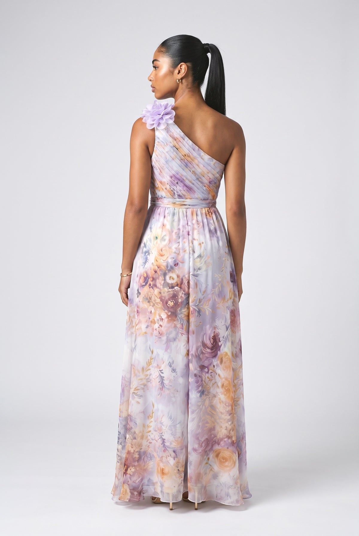 Multicolor Floral Chiffon One-Shoulder Maxi Dress, back view