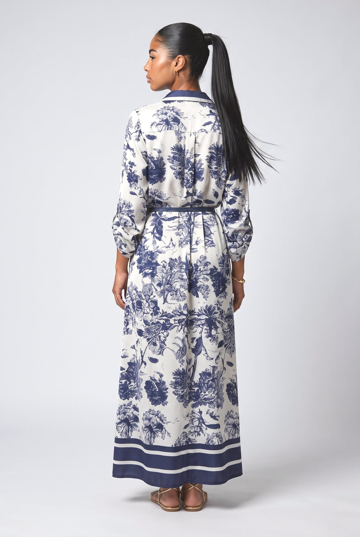 Blue Floral Satin Relaxed Maxi Dress, back view