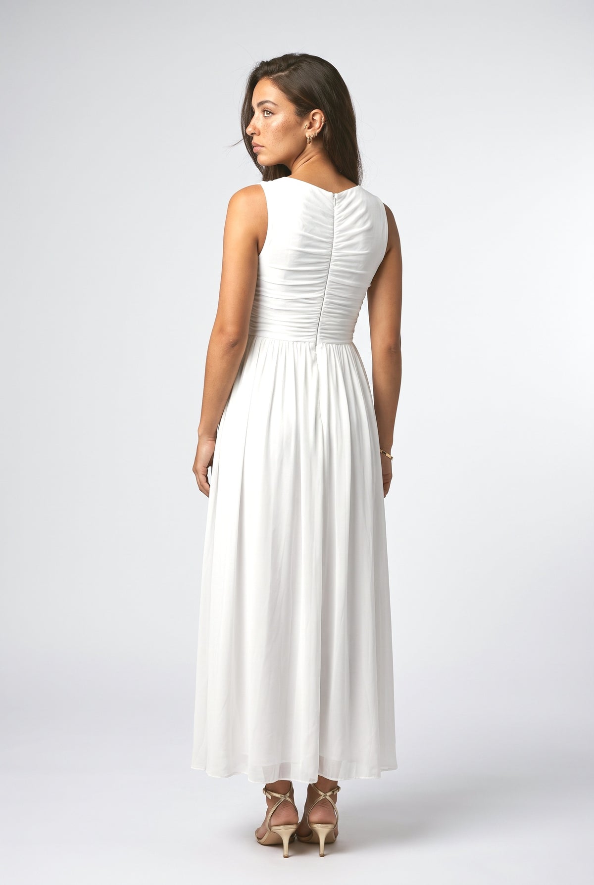 White Chiffon Sleeveless Ruched Maxi Dress, back view