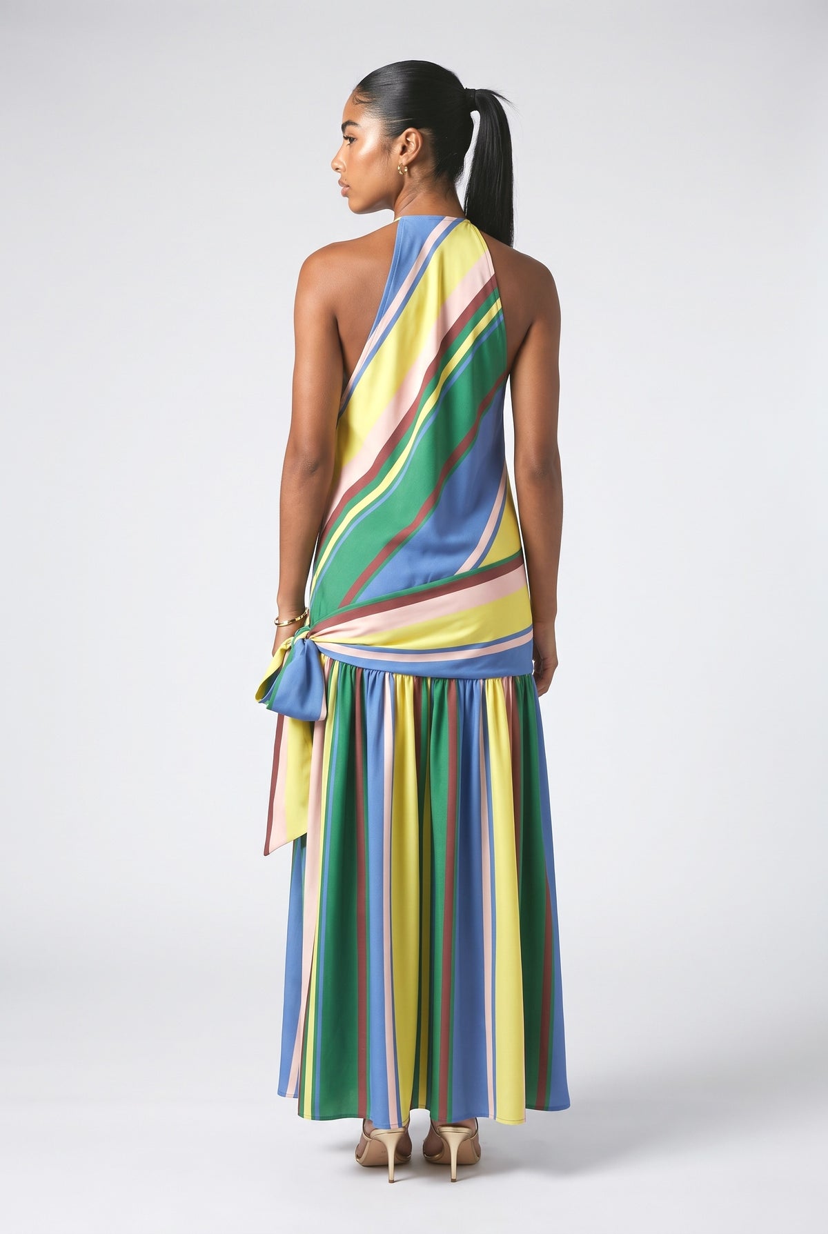 Multicolor Striped Halter Neck Maxi Dress, back view