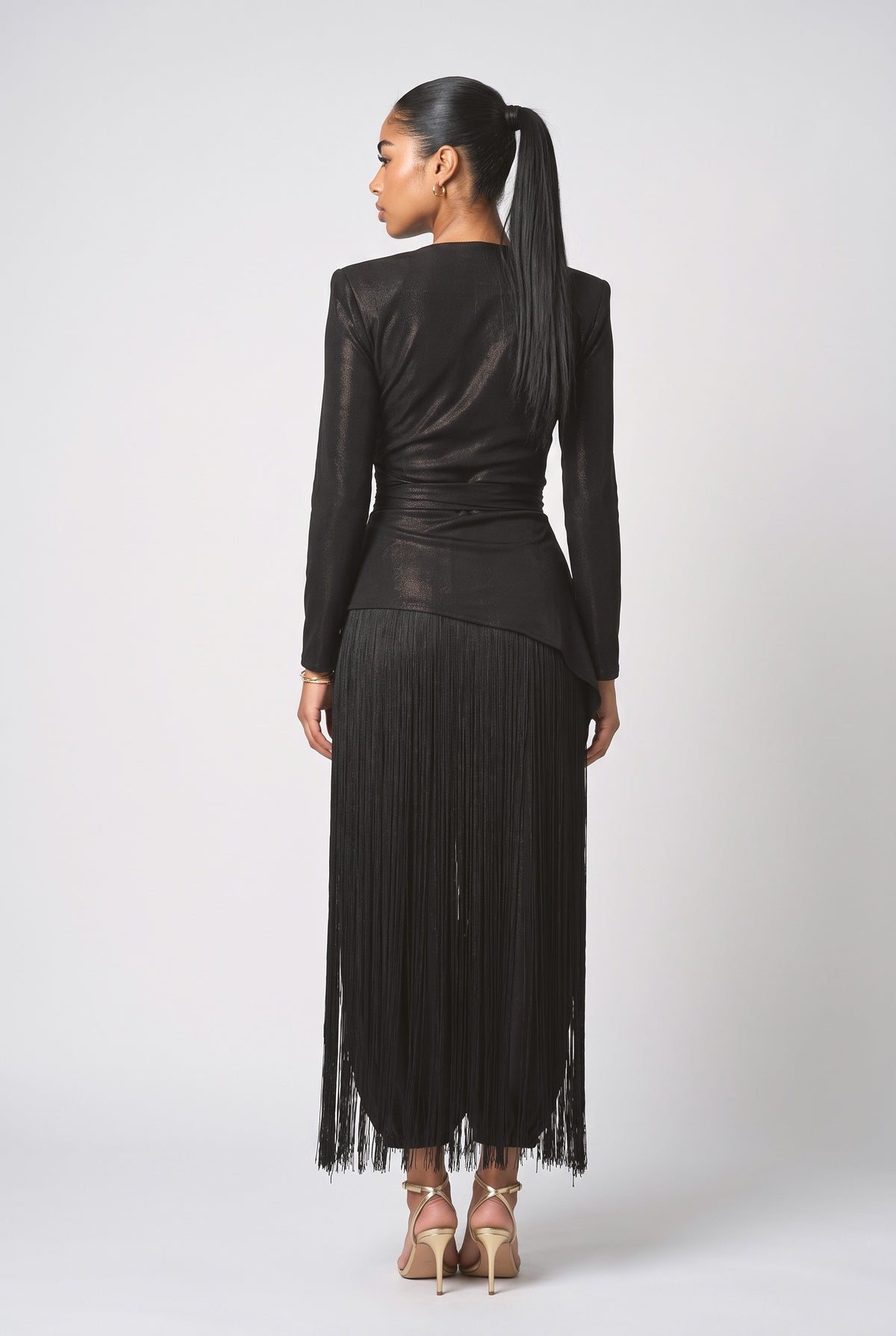 Black Long Sleeve Fringe Outfit Set, back view