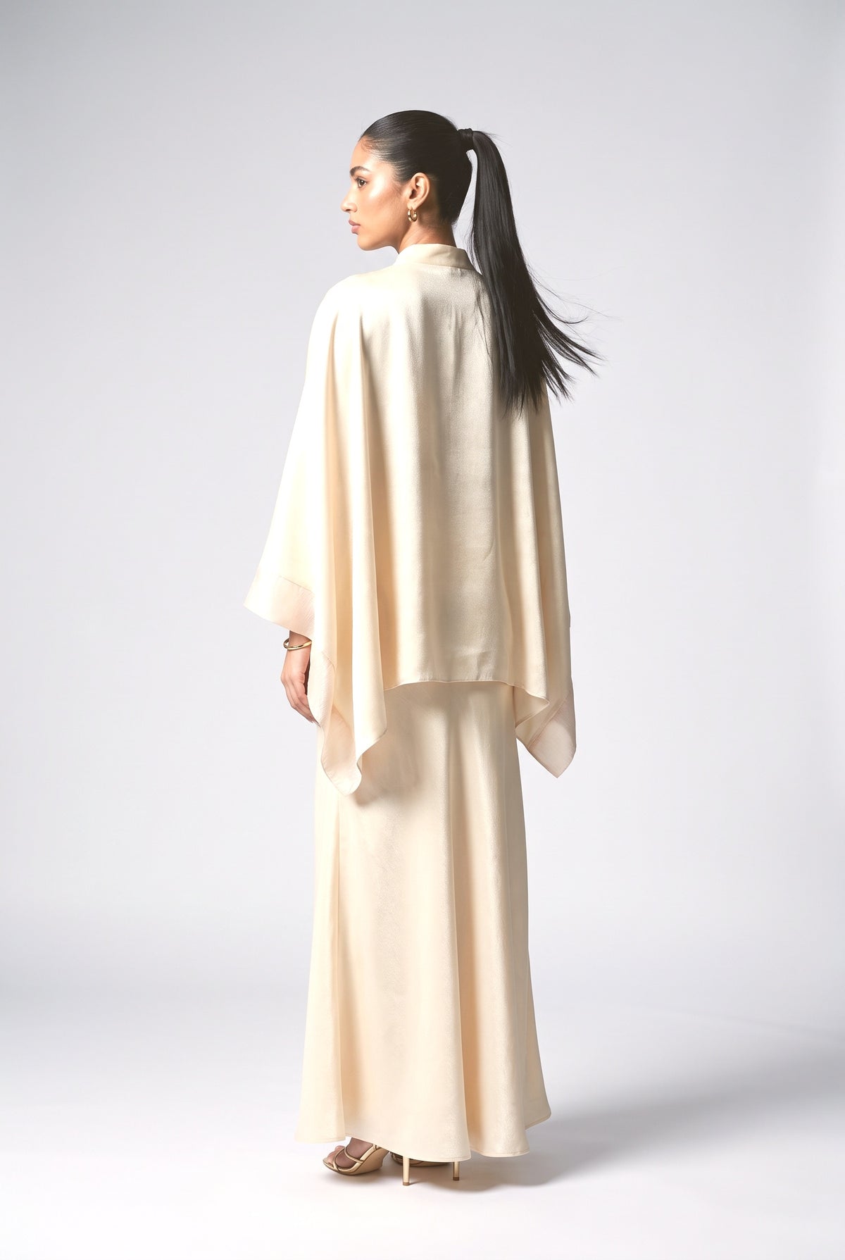 Shimmer Satin Batwing Sleeve Top & Maxi Skirt Two-Piece Set, back view
