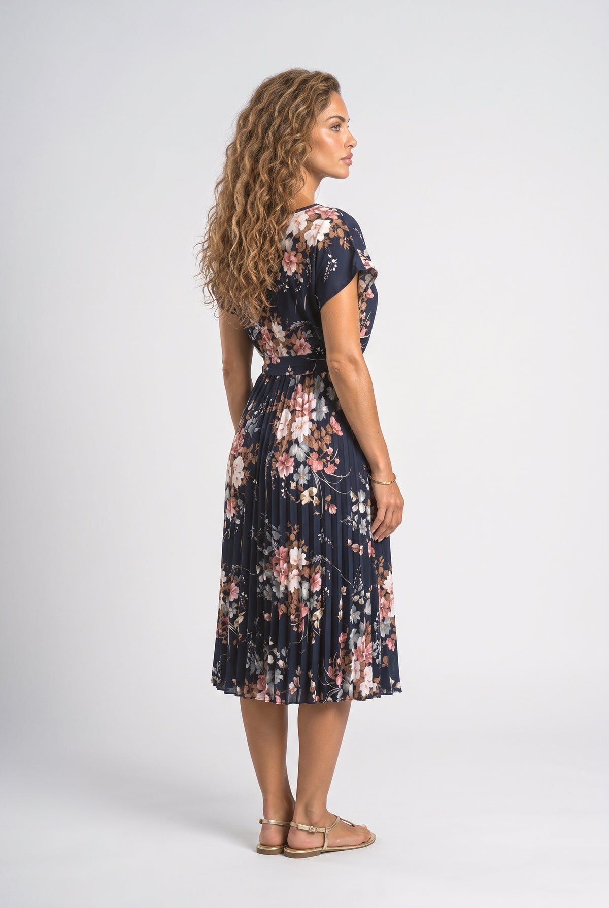 Floral Flutter Sleeve Pleated Midi Dress, back view